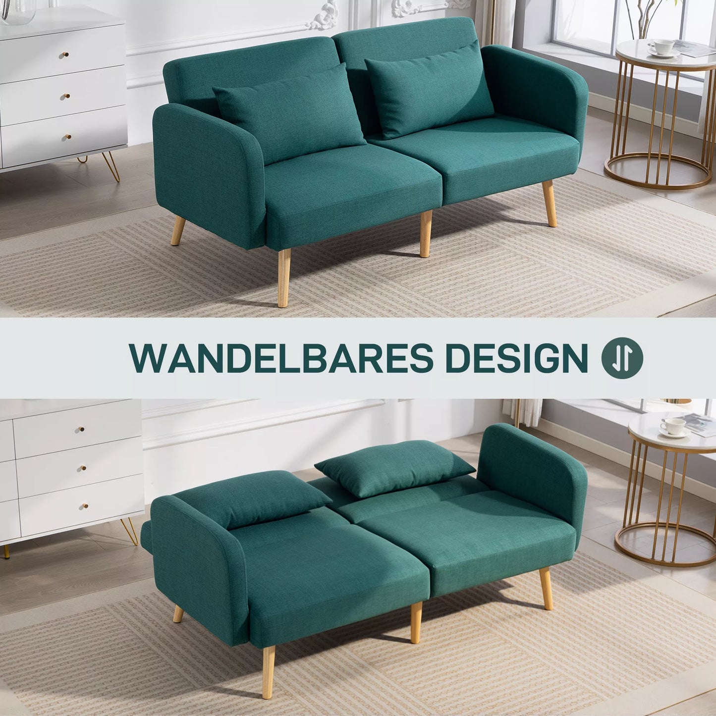 Miegamasis sofos, 3-vietė sofa su lovos funkcija, 2 pagalvės, minkšta sofa su reguliuojamu atlošu, lino išvaizda, žalia