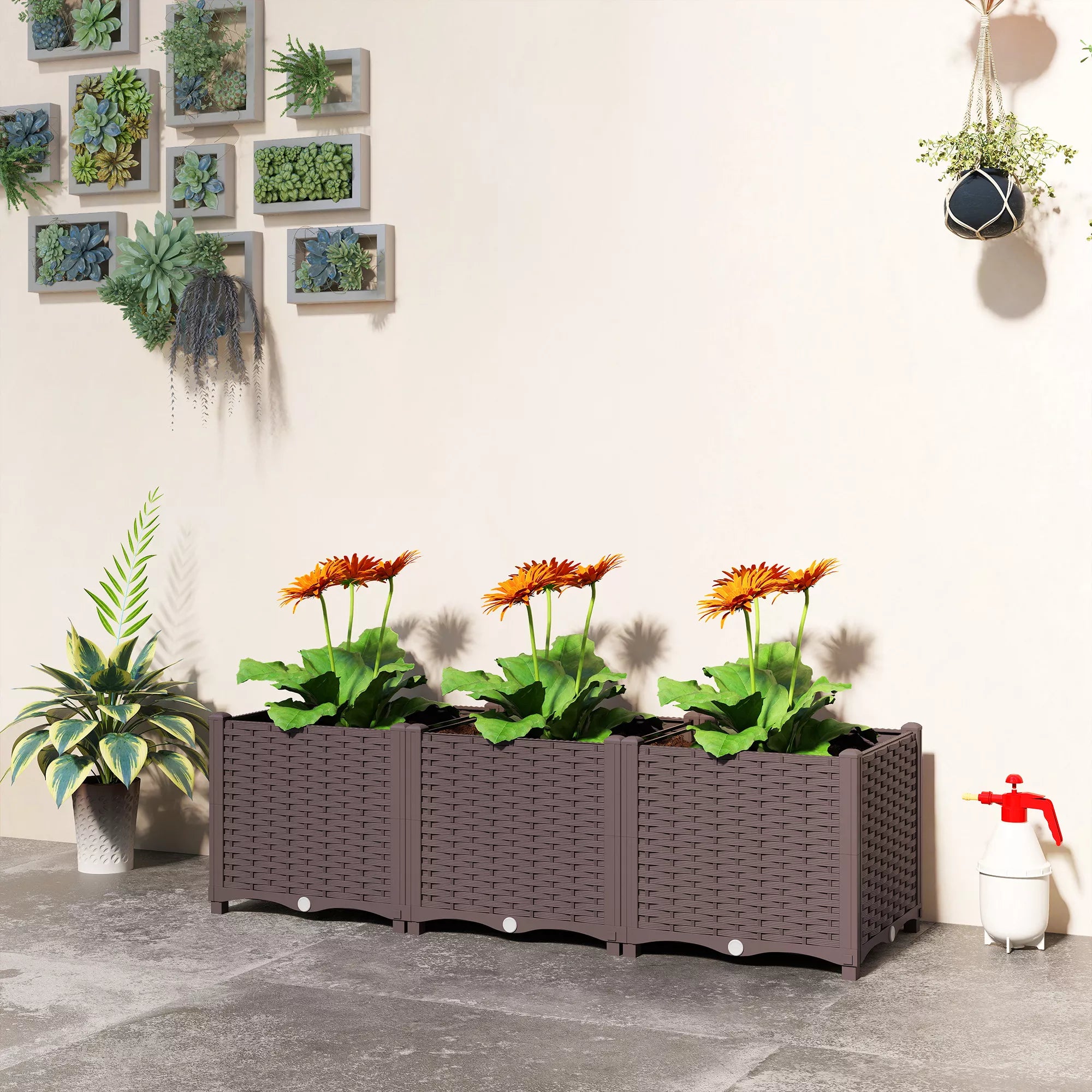 Plastikinė aukšta lysvė, modulinė lysvė su automatine laistymo sistema 120 x 40 x 37 cm, ruda