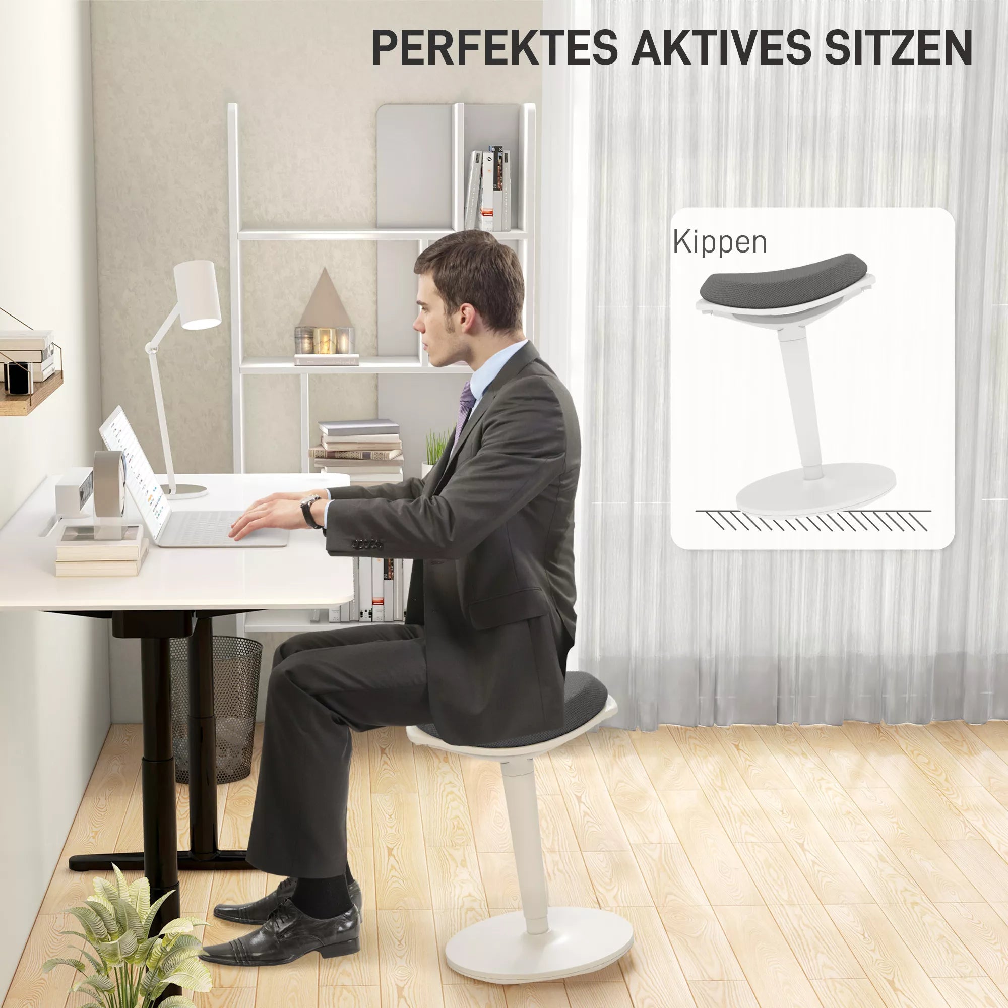 Biuro taburetė, ergonomiška pusiau stovima kėdė, reguliuojamo aukščio, iki 120 kg, 42,5 x 35,5 x 56,5-71,5 cm, pilka