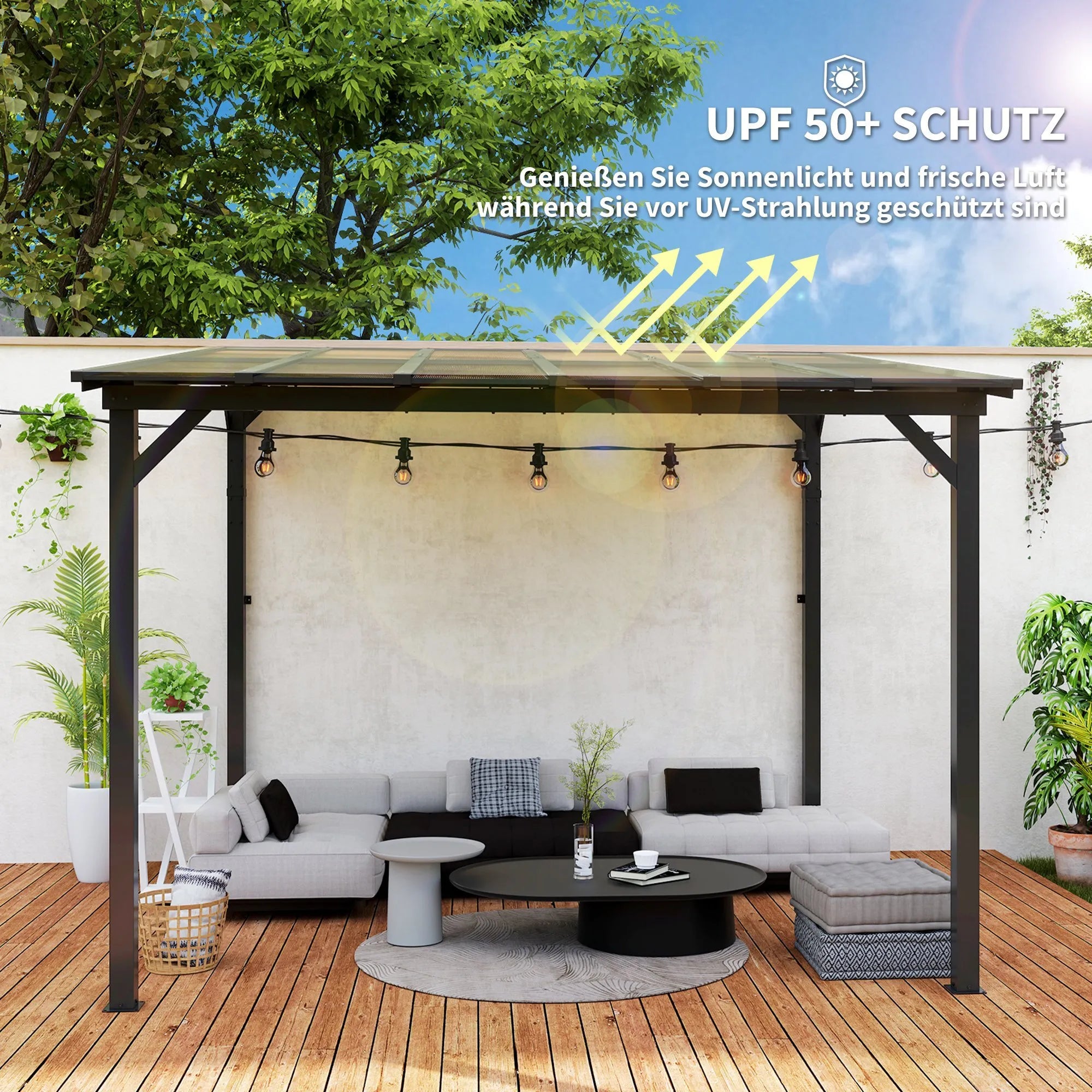 Prie sienos tvirtinama terasos pastogė, polikarbonato stogo pergola, metalas ir aliuminis, 306x294x258 cm, tamsiai pilka
