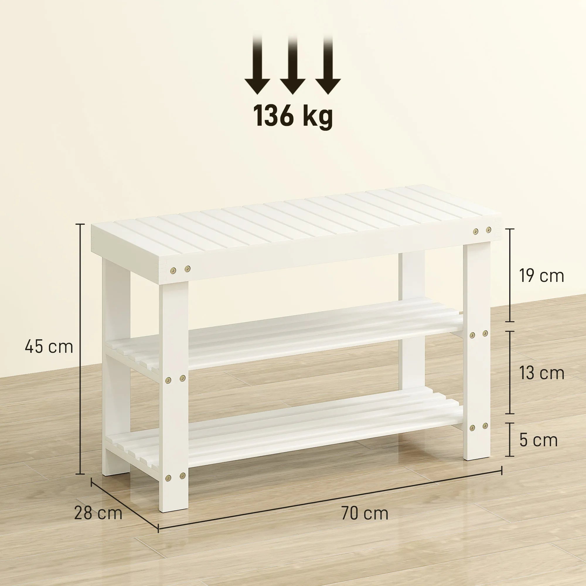 Prieškambario suoliukas su lentynomis 70x28x45 cm, baltas