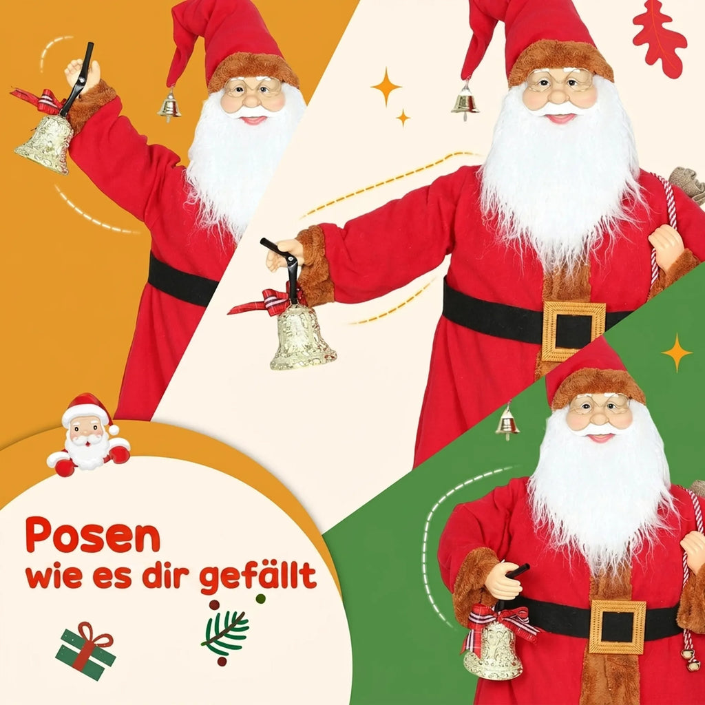 Pripučiama Kalėdų Senelio dekoracija, 120 cm, su judančia galva ir rankomis, varpeliu bei maišu