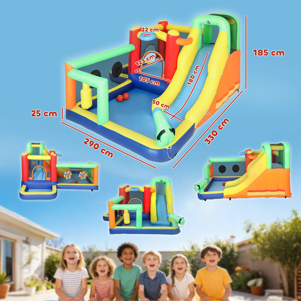 Pripučiamas batutas su čiuožykla 9-in-1, iki 120 kg, su pūstuvu, 330x290x185 cm, spalvotas