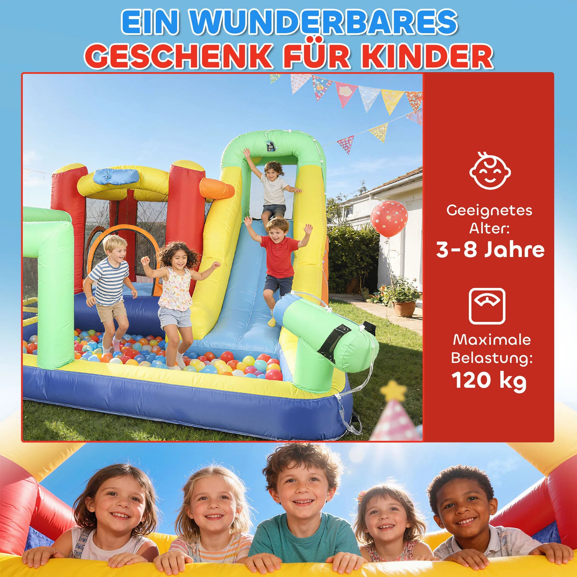 Pripučiamas batutas su čiuožykla 9-in-1, iki 120 kg, su pūstuvu, 330x290x185 cm, spalvotas