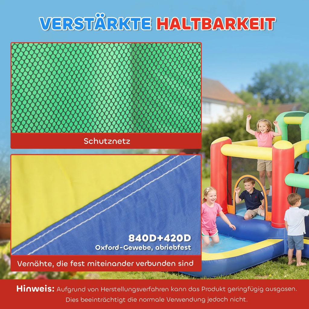 Pripučiamas batutas su čiuožykla 9-in-1, iki 120 kg, su pūstuvu, 330x290x185 cm, spalvotas