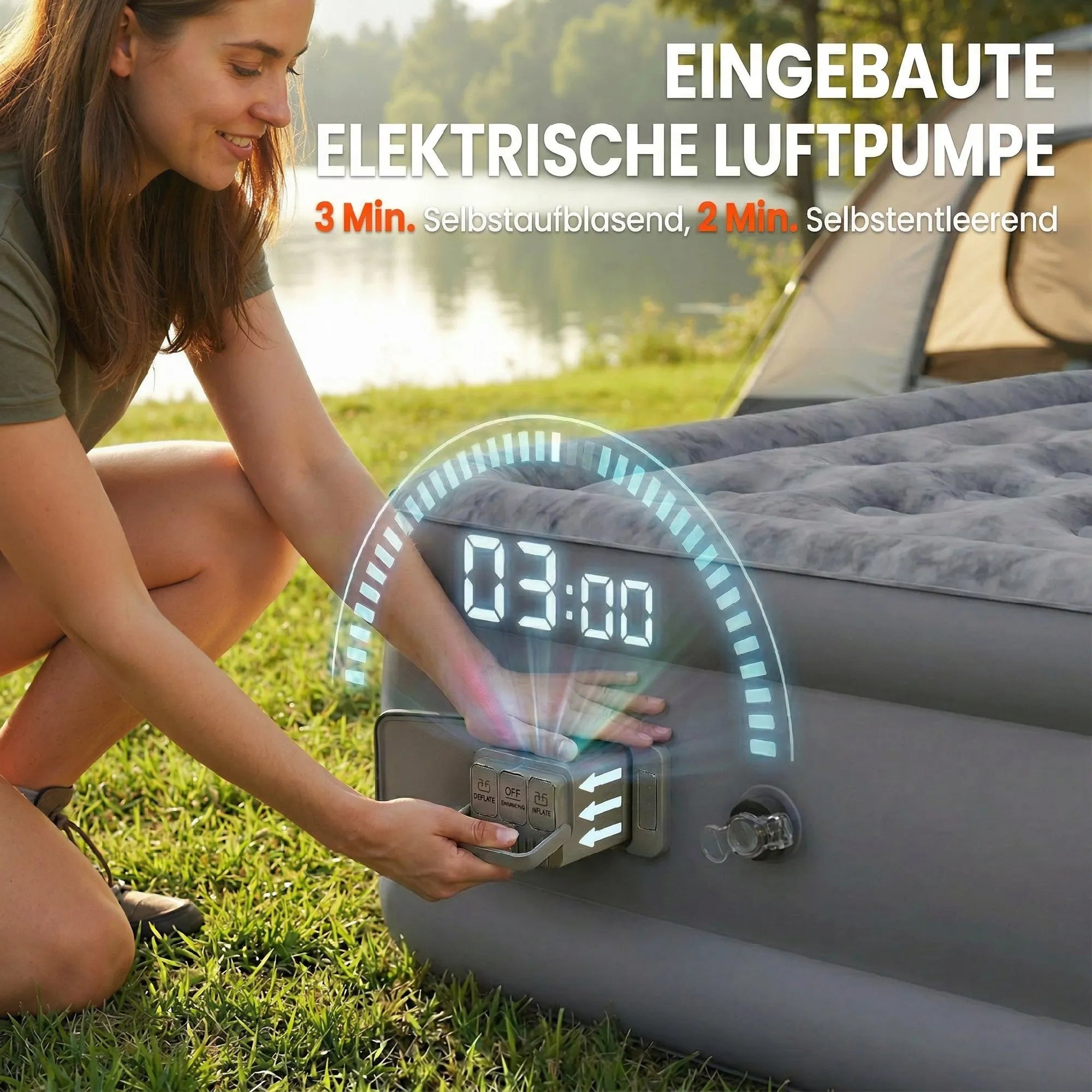 Pripučiamas čiužinys 1 asmeniui, su integruota elektrine pompa, iki 200 kg, pilkas