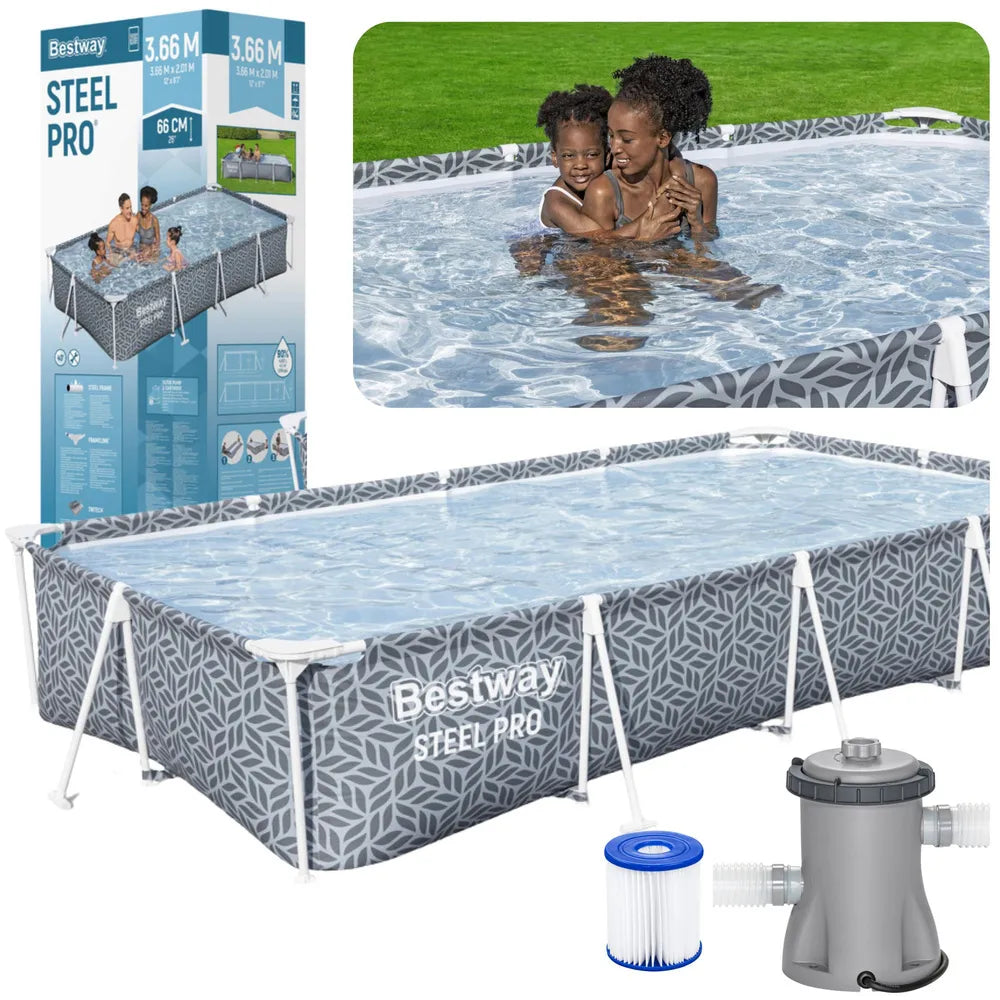 Pripučiamas karkasinis baseinas Bestway Steel Pro, 366 x 200 x 66 cm, su filtravimo siurbliu, pilkas