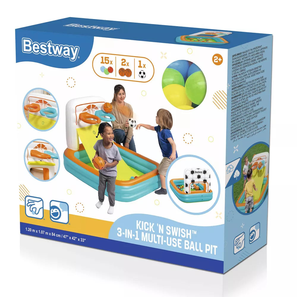 Pripučiamas žaidimų centras Bestway Kick N Swish 3-in-1, 1,20 × 1,07 m × 84 cm