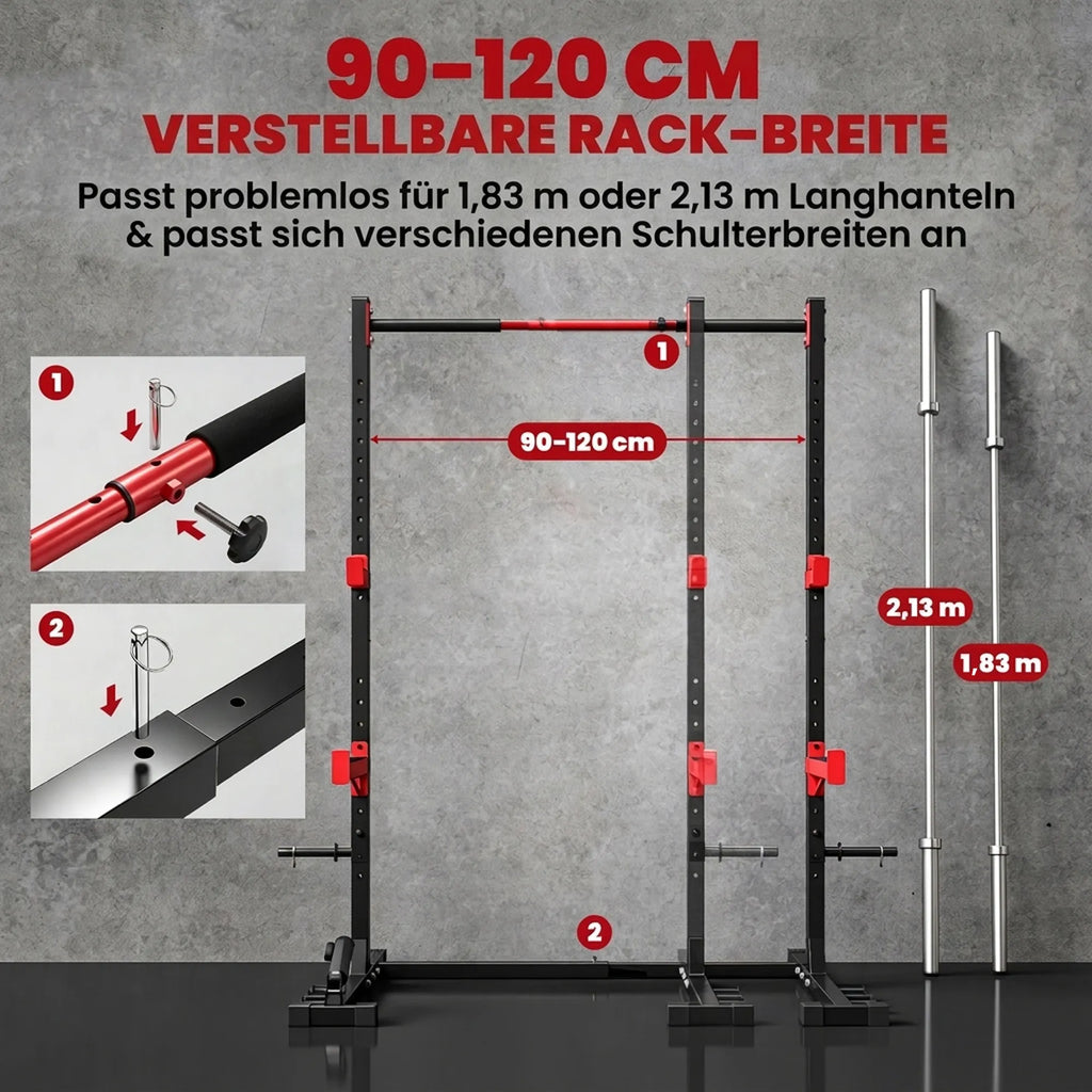 Infografika apie reguliuojamą 90–120 cm stovo plotį skirtingoms štangoms