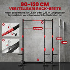 Infografika apie reguliuojamą 90–120 cm stovo plotį skirtingoms štangoms