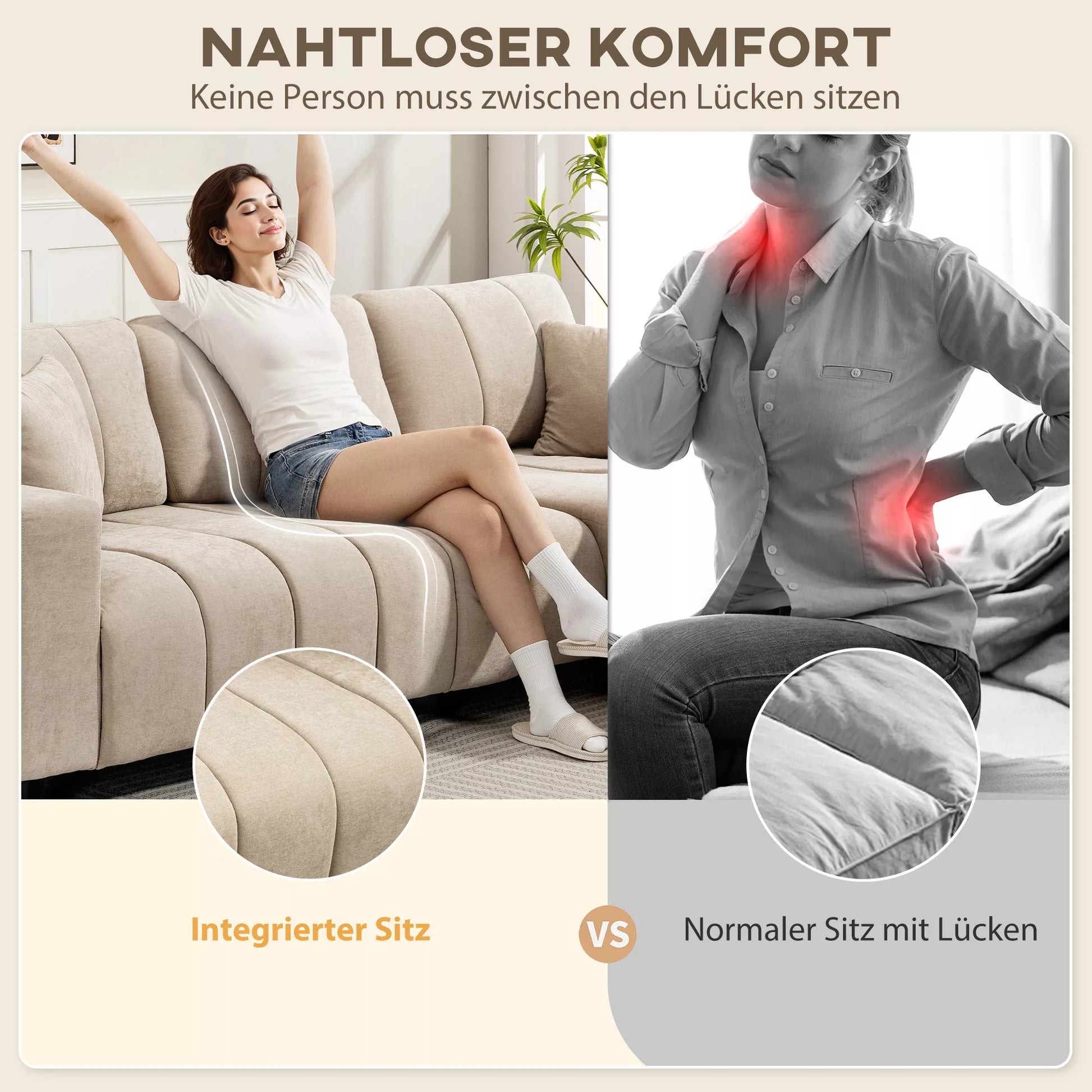 L formos kampinė sofa su lanksčia pusilge atkalte, 3 vietų sofa su 2 pagalvėlėmis, metalinis rėmas, skirta svetainei, smėlio spalvos