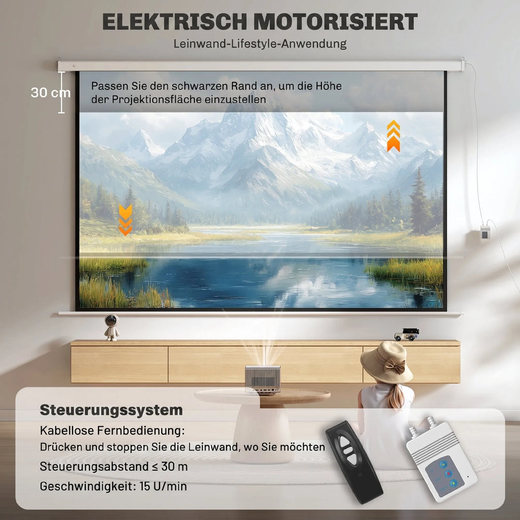 Projektoriaus ekranas 120 colių, 16:9, elektrinis su nuotolinio valdymo pulteliu, baltas