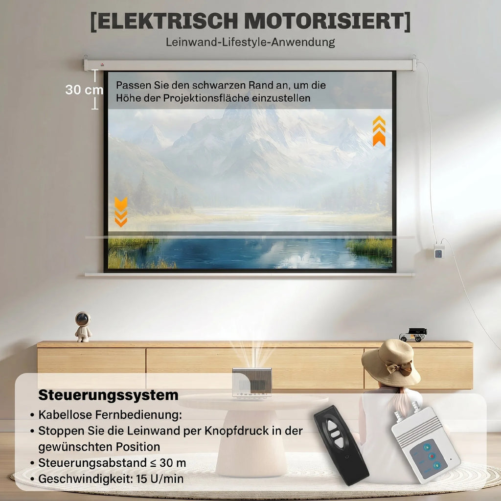 Projektoriaus ekranas elektrinis 120 colių 212 x 150 cm 16:9 su nuotolinio valdymo pulteliu, baltas