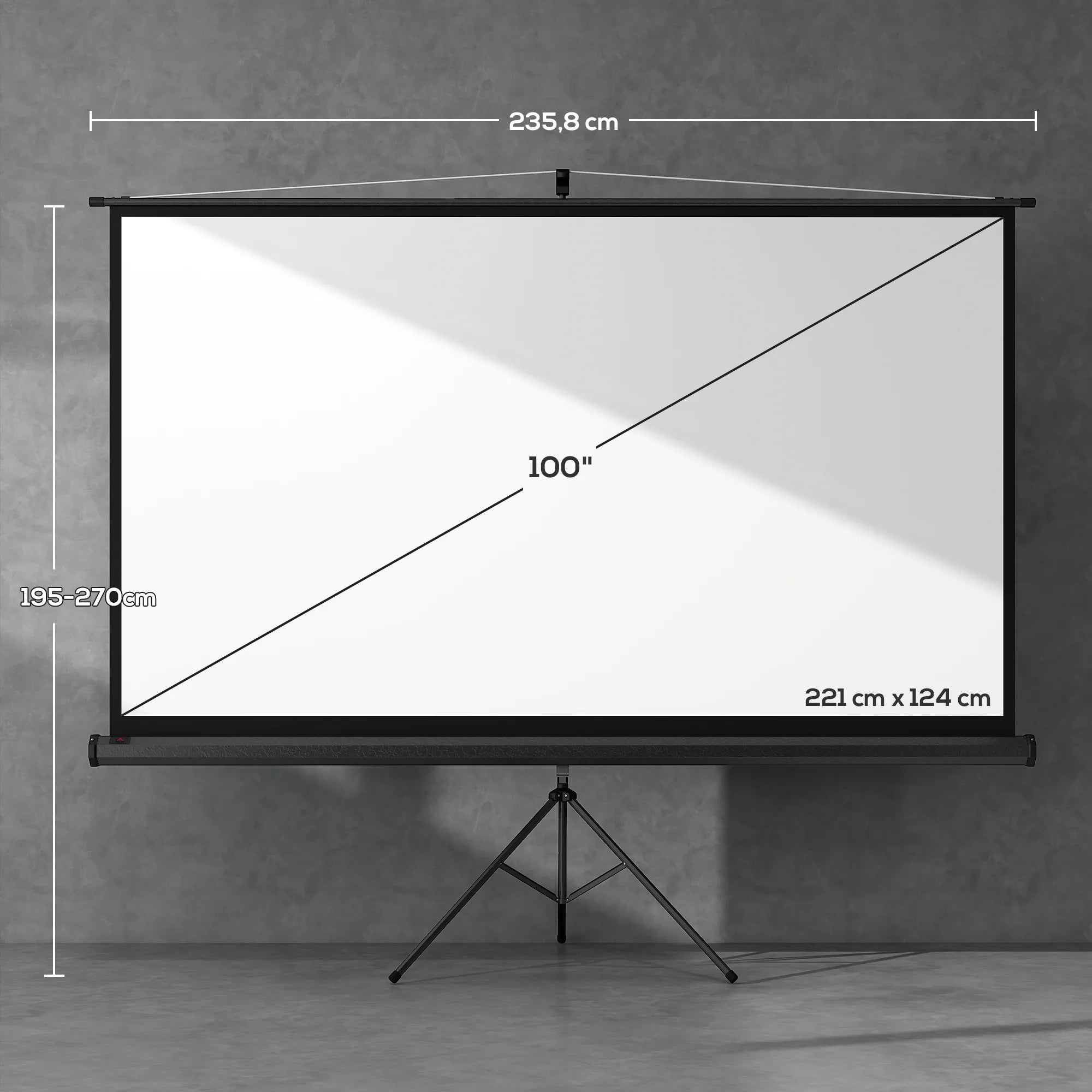 Projektoriaus ekranas, su trikoju stovu ir automatiniu suvyniojimu, metalas ir PVC, 221x124 cm