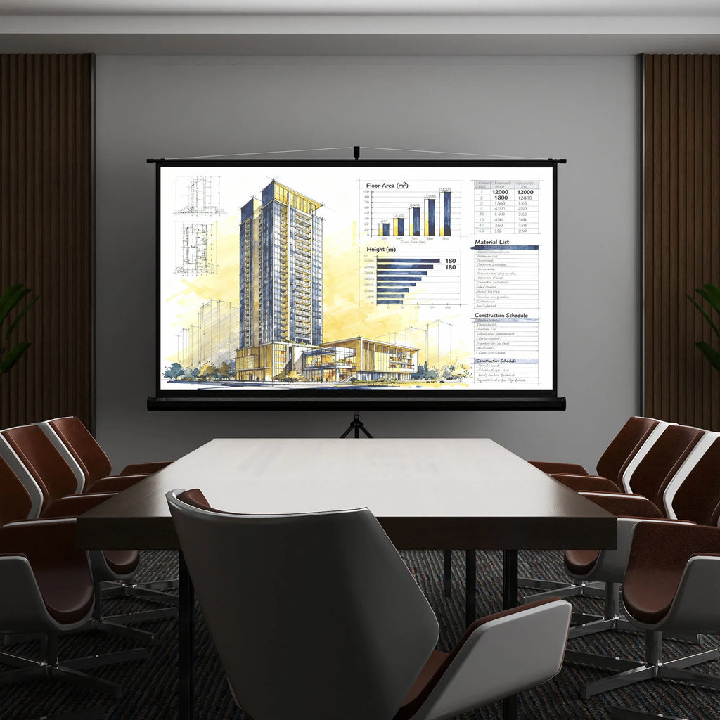 Projektoriaus ekranas, su trikoju stovu ir automatiniu suvyniojimu, metalas ir PVC, 221x124 cm
