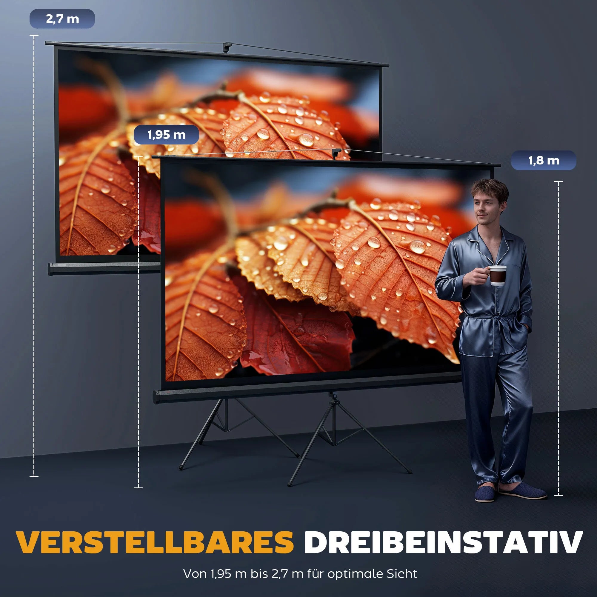 Projektoriaus ekranas, su trikoju stovu ir automatiniu suvyniojimu, metalas ir PVC, 221x124 cm