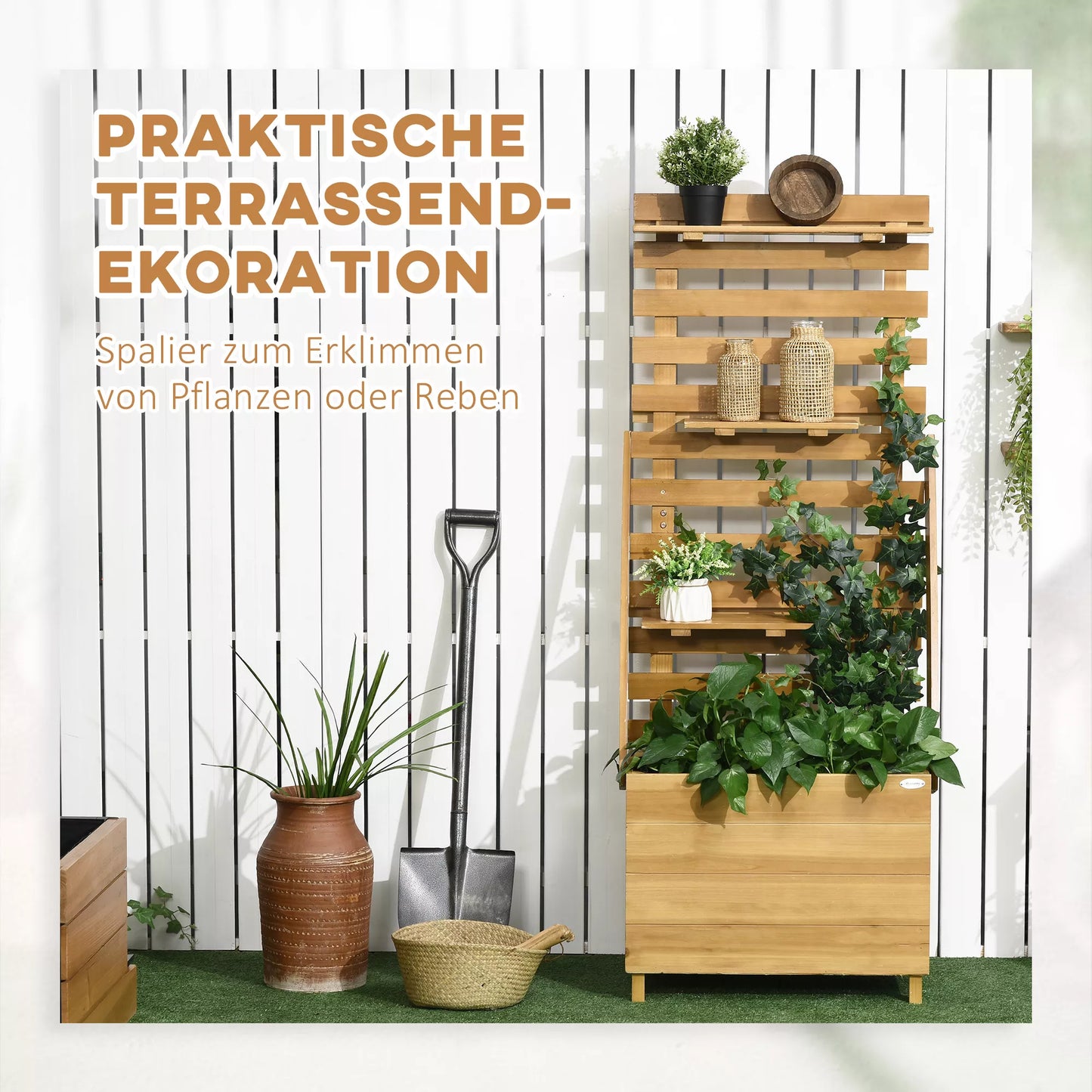 Pakeltas daržas su 3 stalčiais, įsk. atramą augalams, atsparus oro sąlygoms, vientisos medienos, 63 cm x 39 cm x 160 cm, natūralus