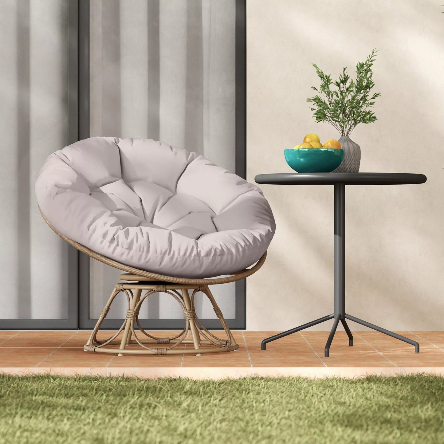 Rotango papasan tipo krėslas, 360° besisukantis, pintas krėslas su sėdimąja pagalvėle, apvalus lauko