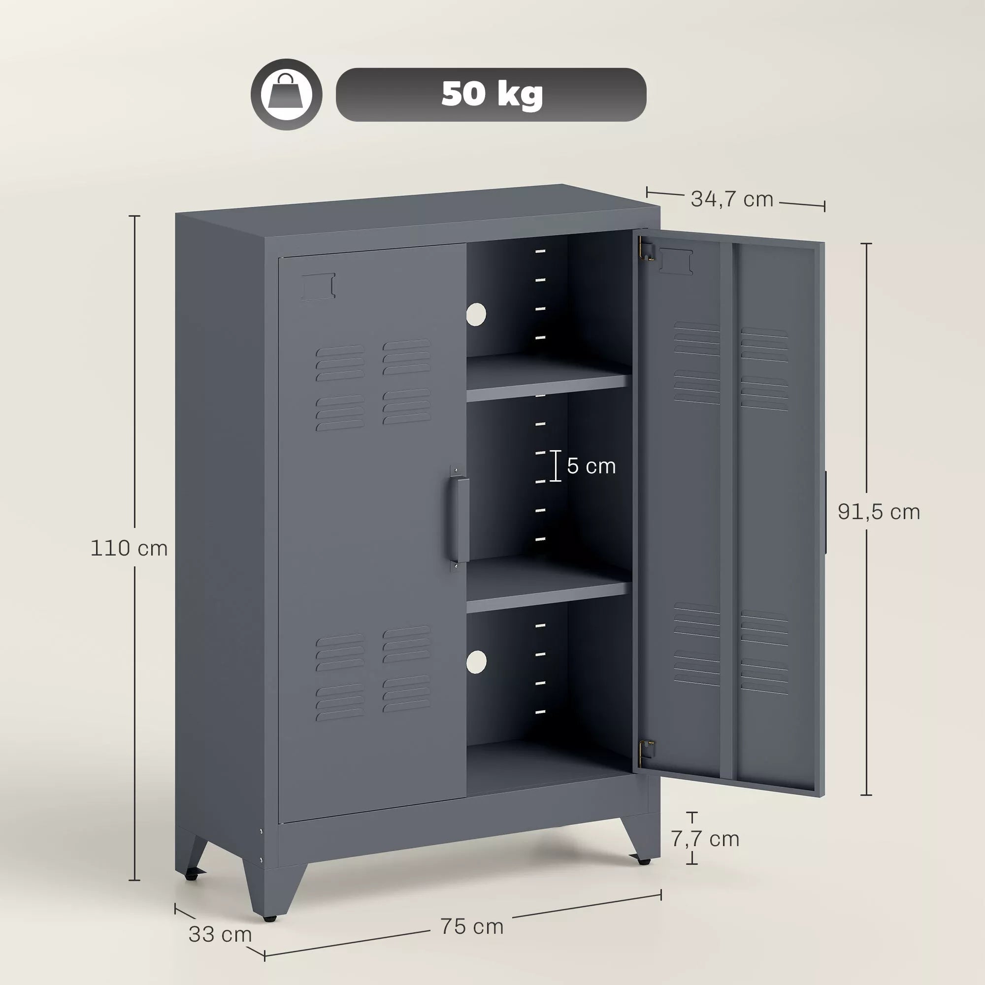 Spintos matmenų schema: 76 cm plotis, 33 cm gylis, 110 cm aukštis