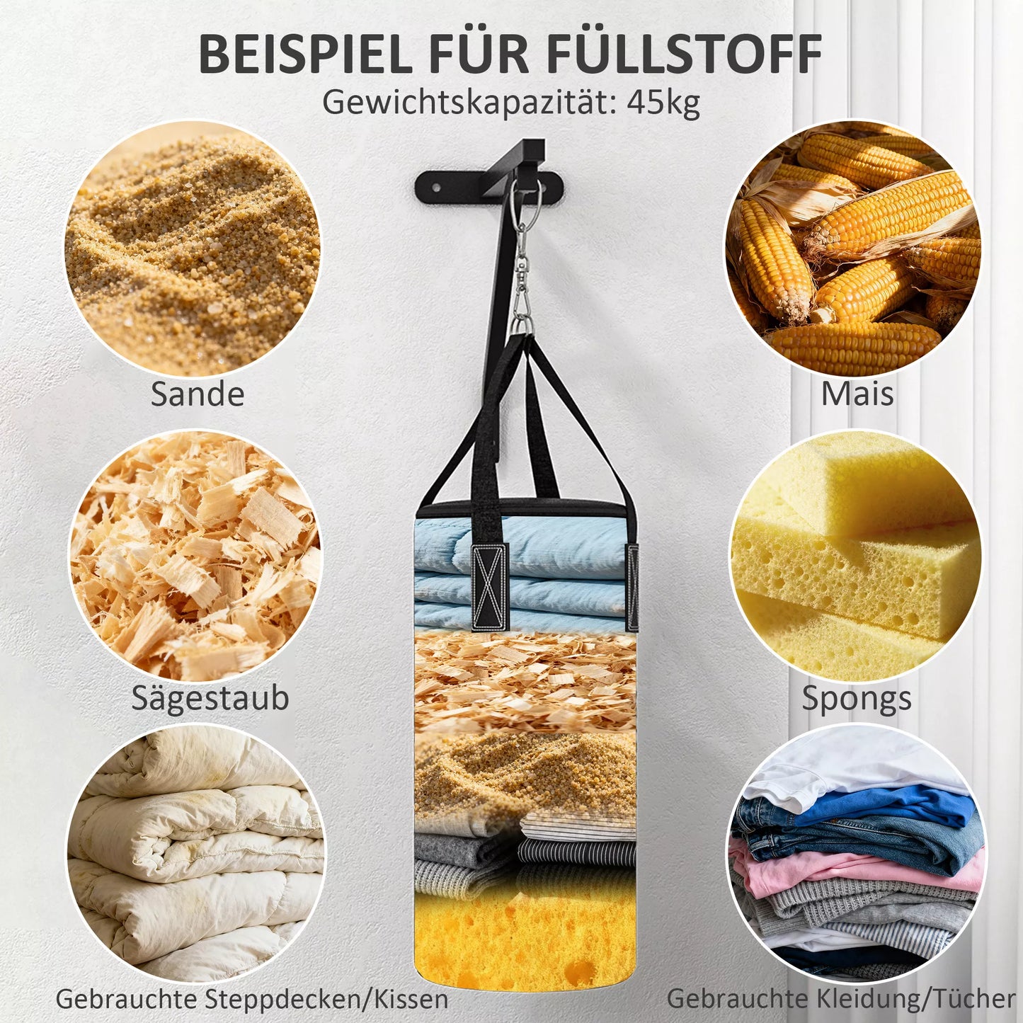 Bokso maišas, užpildomas, su sieniniu laikikliu, pirštinėmis ir tvarsciais, iki 45 kg, juodas