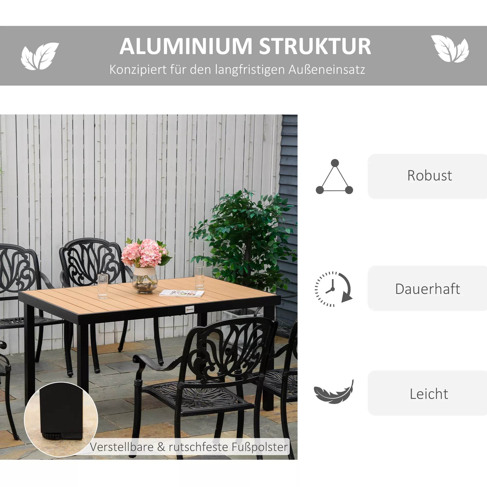 Sodo stalas 6 asmenims Valgomojo stalas Aliuminio stalas Sodo baldai Poilsio baldai Lengvai prižiūrimi Plastikas Natūralus + juodas 140 x 90 x 74 cm