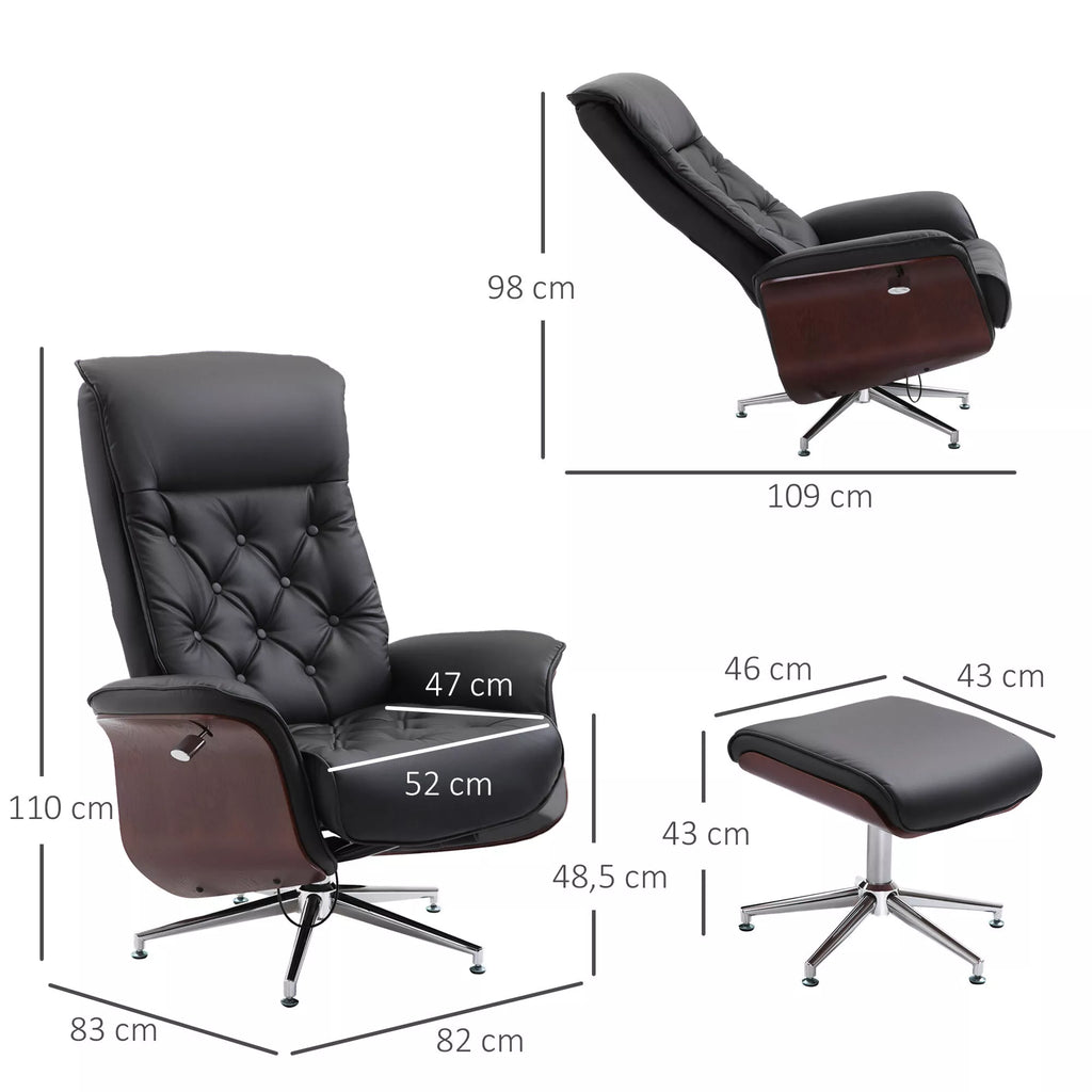Atpalaiduojantis fotelis su taburete Televizijos fotelis Minkštas fotelis 360° pasukamas 145° pakreipiamas Retro dizainas Chesterfield PU apmušalas Medinis apmušalas Metalinė bazė Juodas 82 x 83 x 110 cm