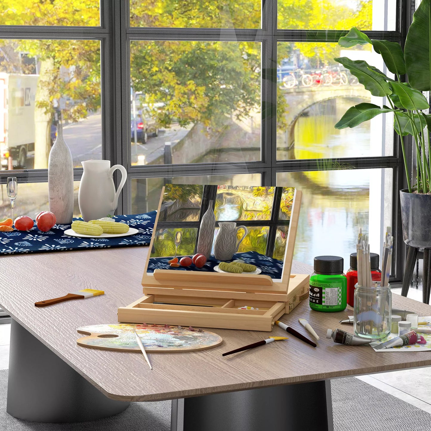 Stalo dailininko stovas, mažas dailininko stovas, 1 stalčius, 3 skyreliai, medžio masyvas, natūralus