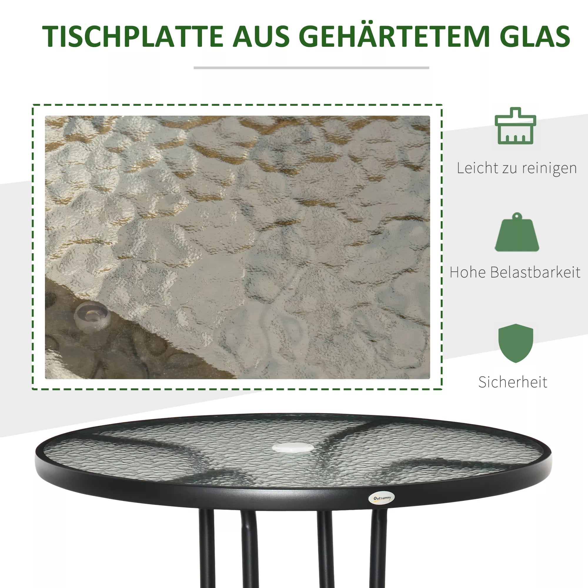Sodo stalas Sodo pagalbinis stalas Sodo baldai Balkono stalas Bistro stalas su skėčio skyle Kietas stiklas + metalas Juodas Ø80 x 72 cm