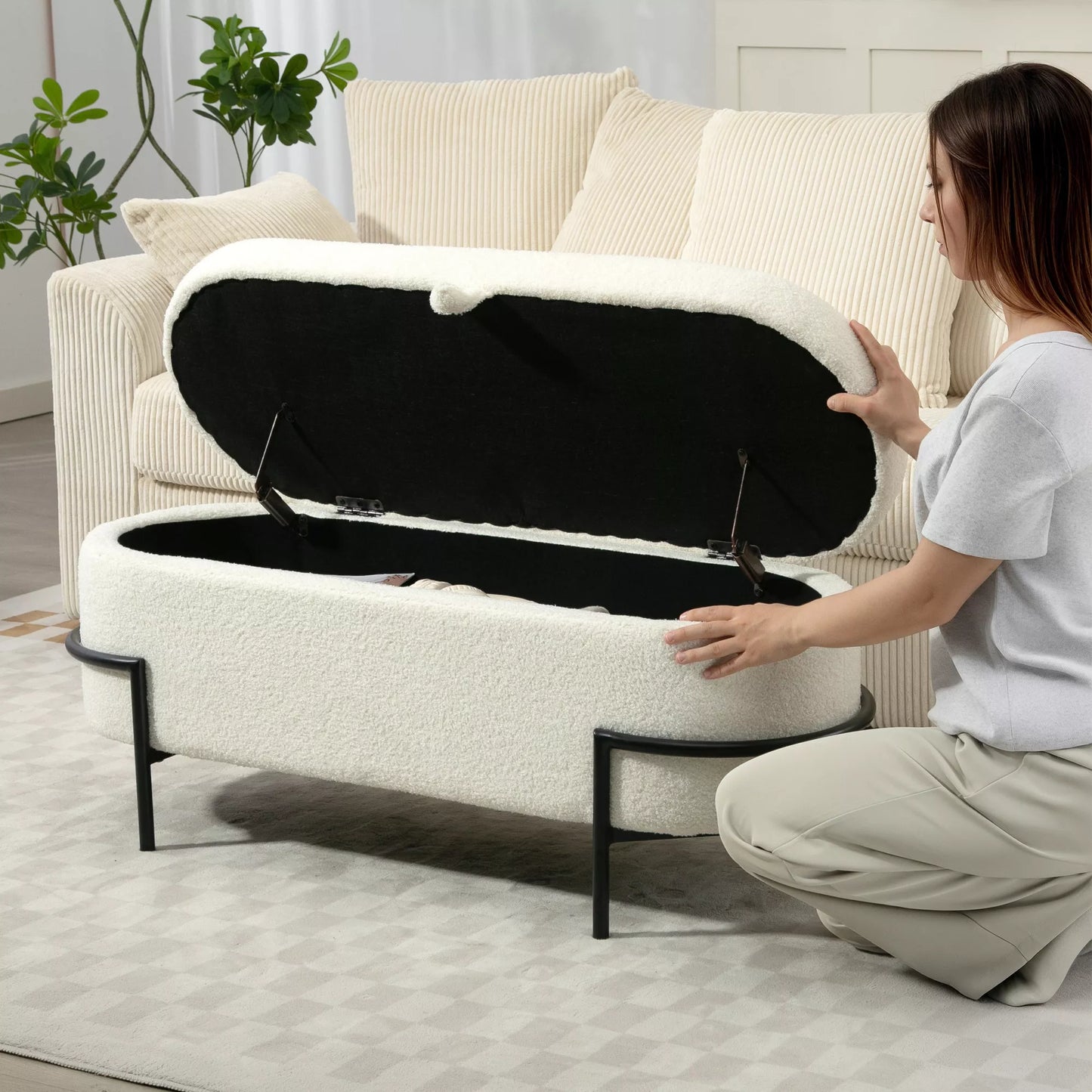 Sėdimoji dėžė, sėdimoji dėžė su dangčiu ir saugojimo erdve, plieninės kojos, minkšta sėdimoji dėžė su vilnoniu apmušalu, kreminė balta spalva