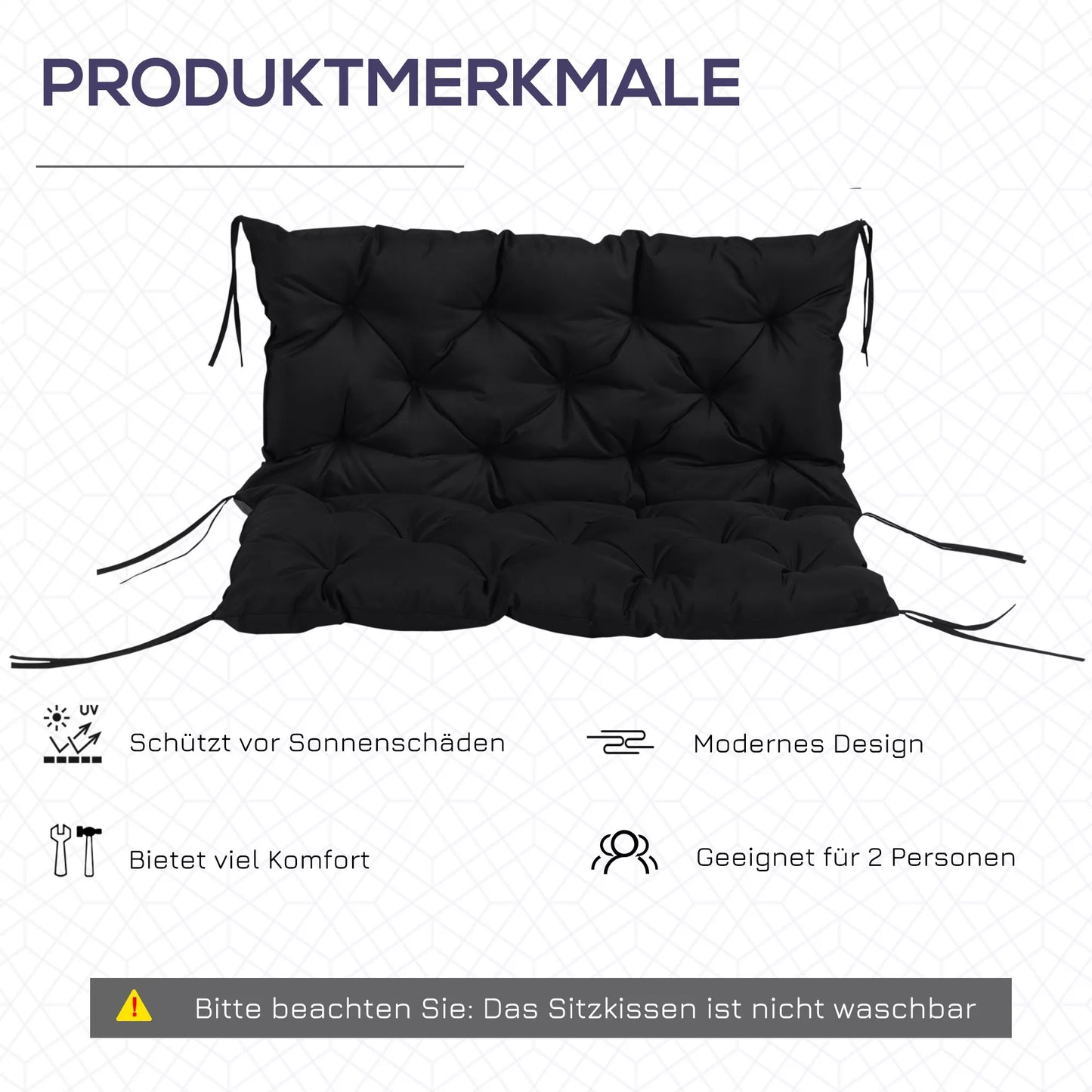 3 vietų suoliuko užvalkalas 100x98x8 cm, pagalvė su raišteliais, suoliuko čiužinys sodo baldams, sūpynėms, juodas