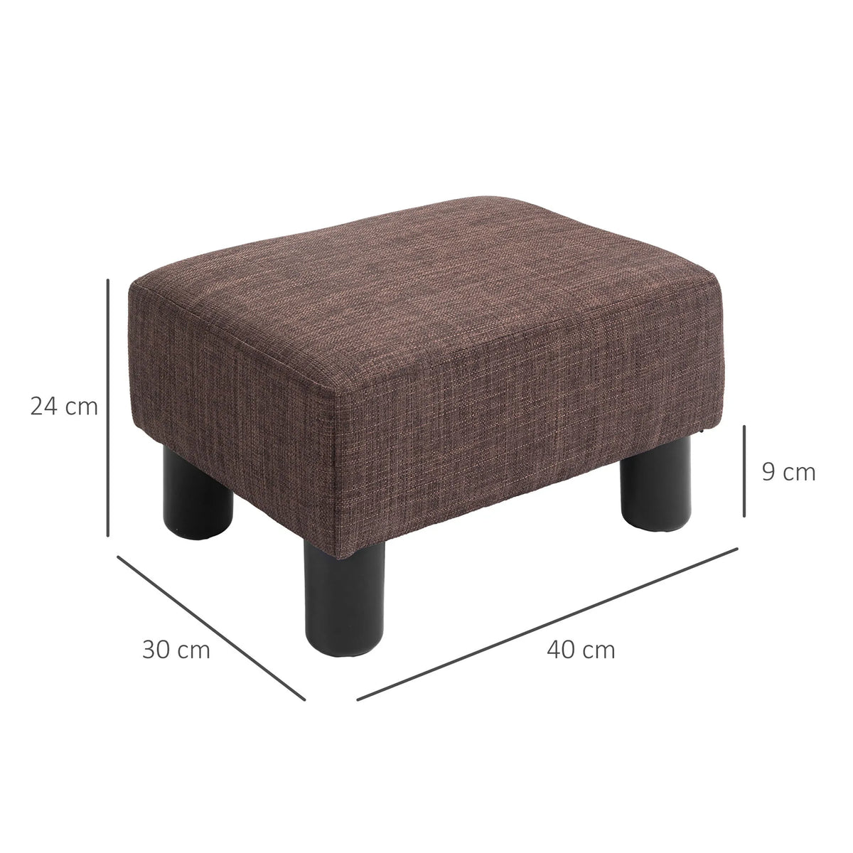 Pufo matmenų schema: 40 x 30 cm plotis, 24 cm aukštis, kojų aukštis 9 cm