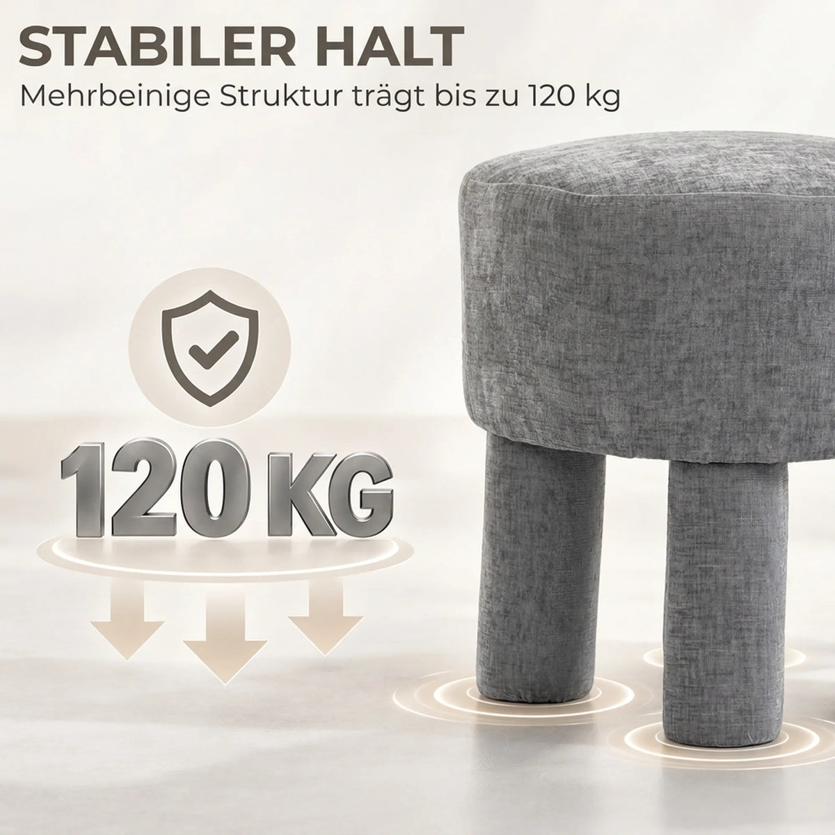 Pufo kojelių detalė infografikoje apie 120 kg apkrovos atsparumą