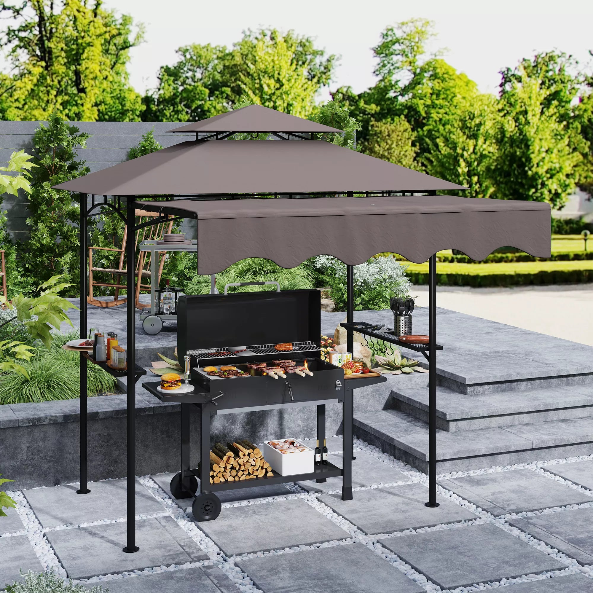 Grill paviljonas 242x149x248 cm, atsparus vandeniui, ugniai atsparus sodo paviljonas su dvigubu stogu, kavos spalvos