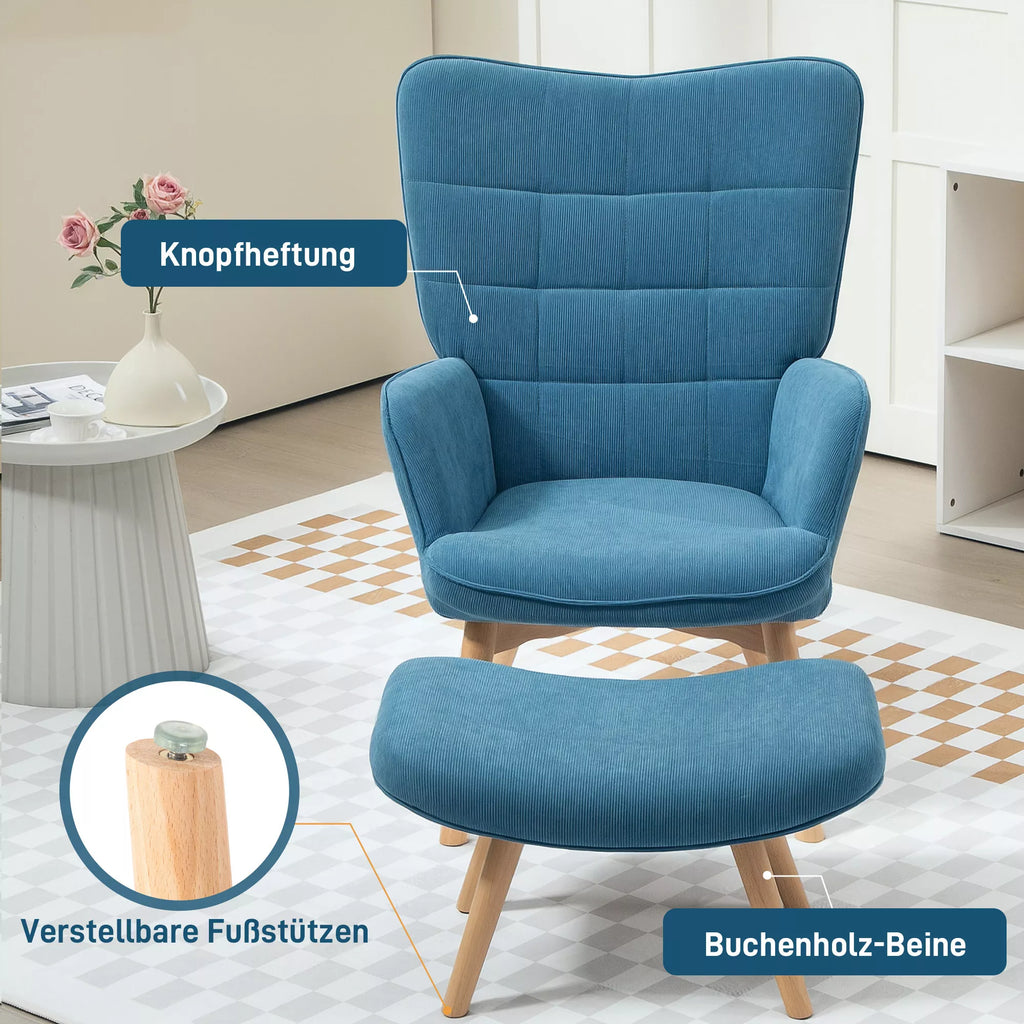 Fotelis su pufiku, reguliuojamas, 101 cm, mėlynas