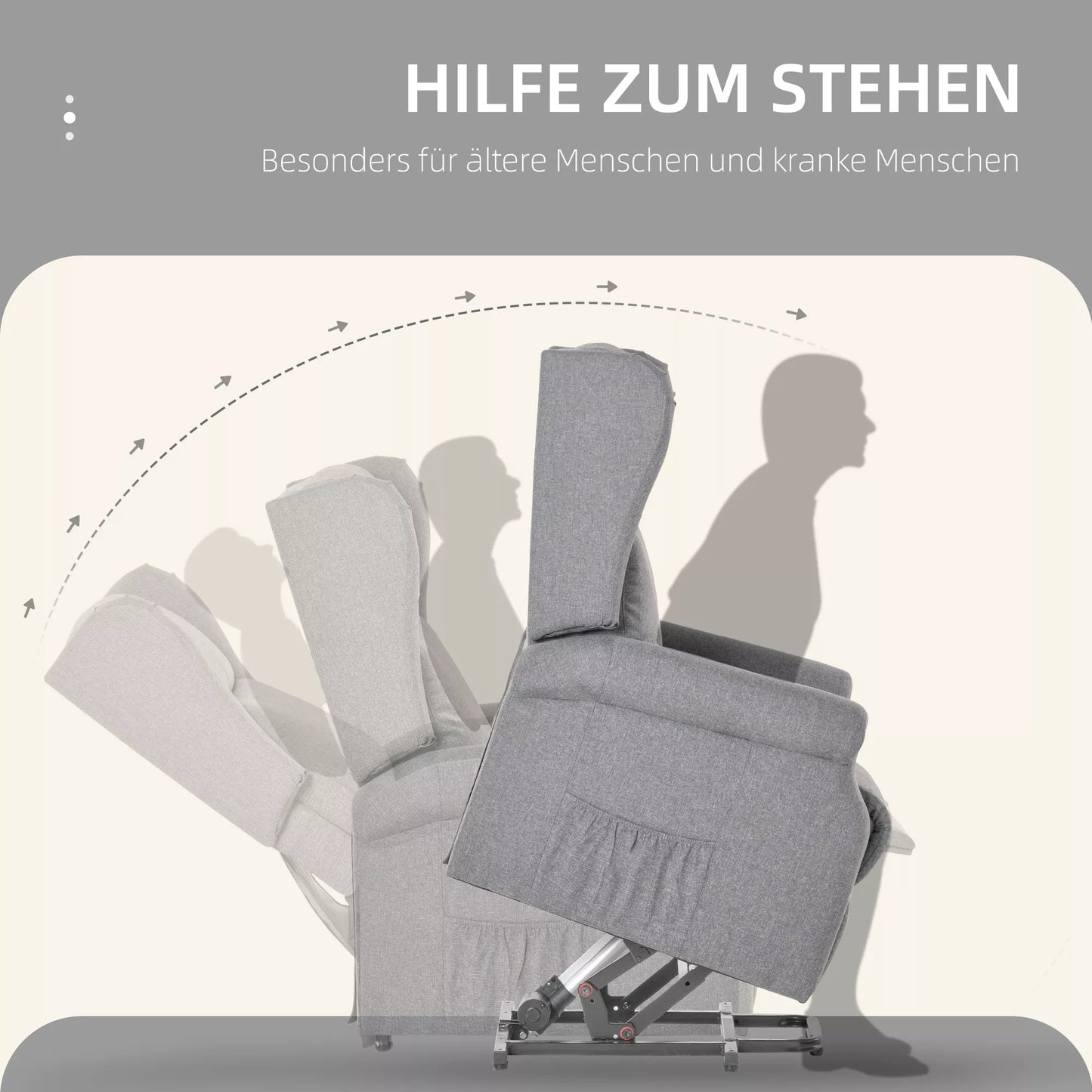 Relaksacinis fotelis su pagalba atsikeliant, atlošimo funkcija, iki 200kg, 72,5x94x109cm, Pilkas