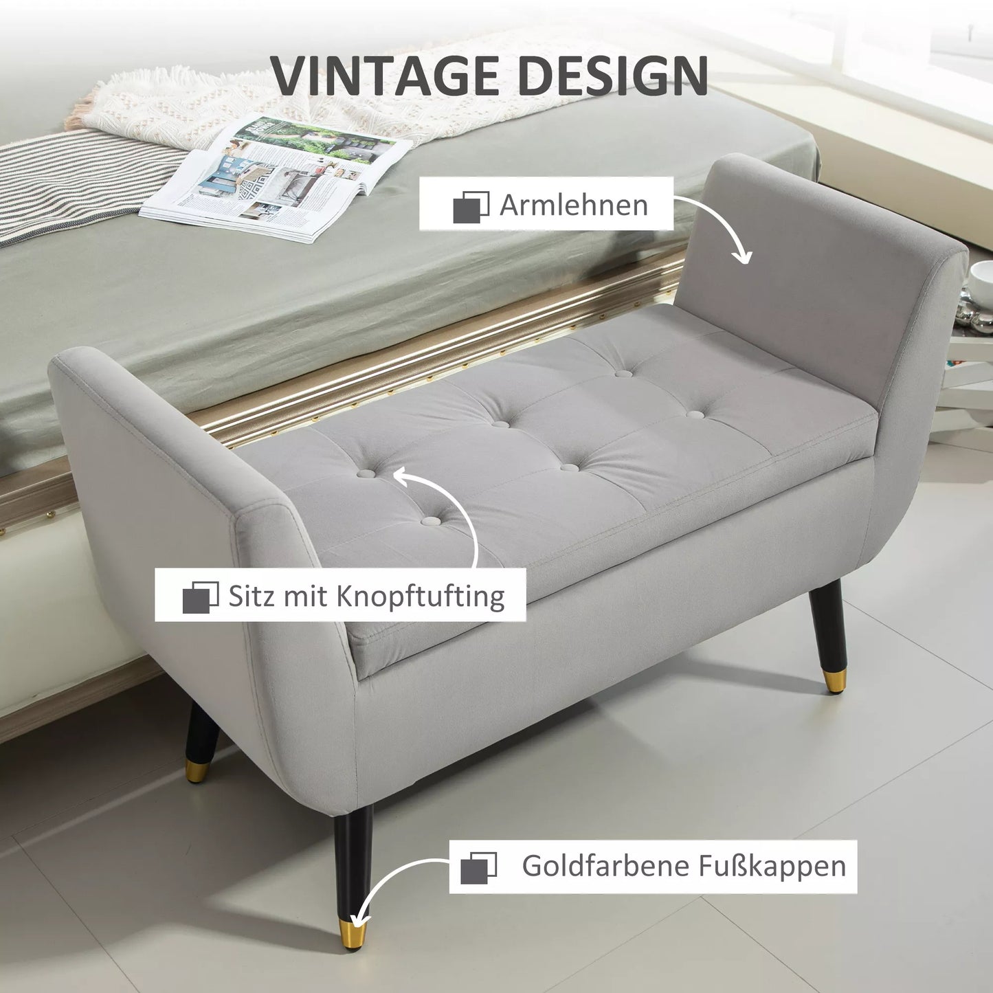 Suolas su daiktadėže ir porankiais, skrynios formos suolas, aksominis poliesteris, kaučiukmedžio mediena, šviesiai pilka, 107 x 42 x 65 cm