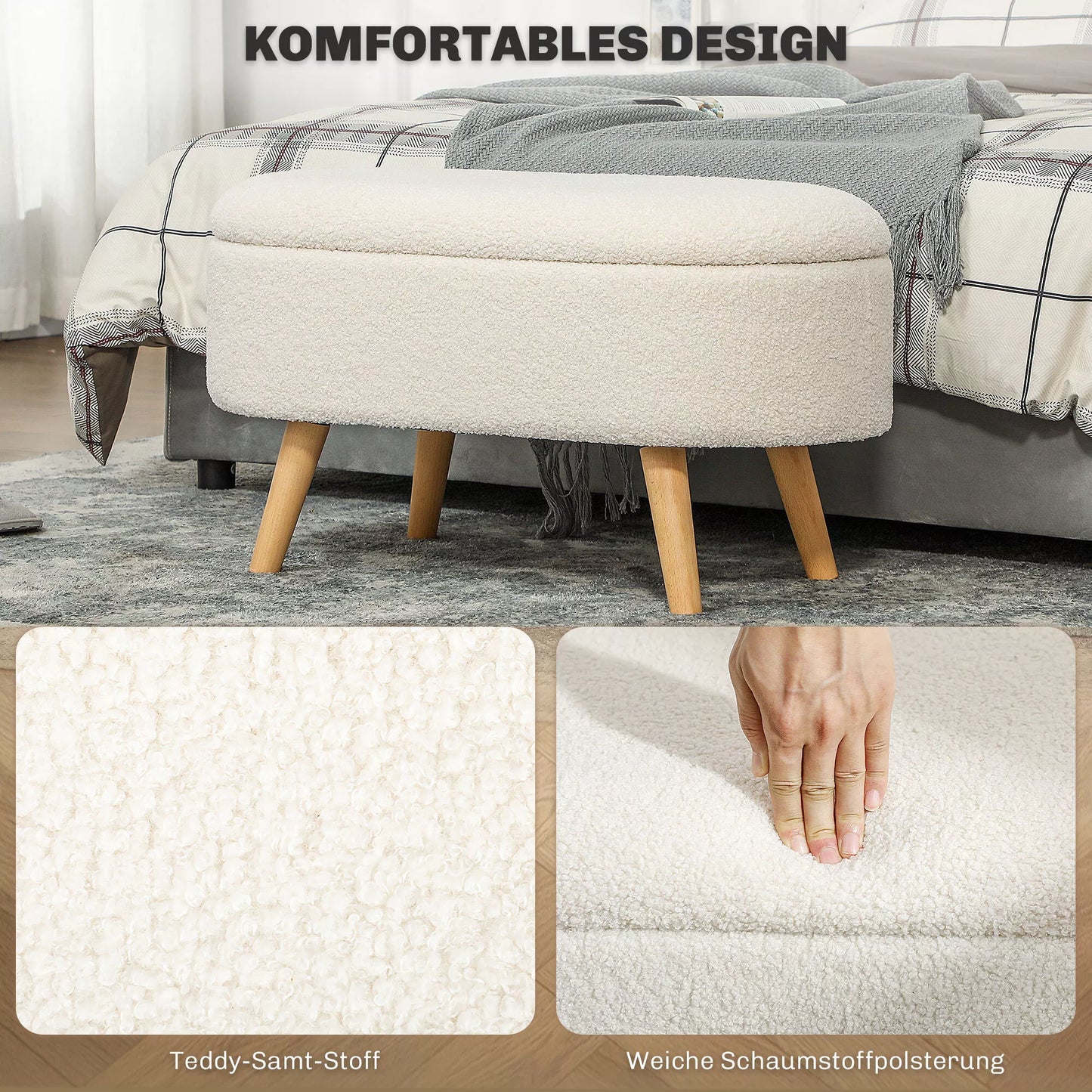 Suolas su daiktadėže ir dangčiu, pufas prieškambariui, svetainei, miegamajam, medžio, audinio apmušalas, baltas