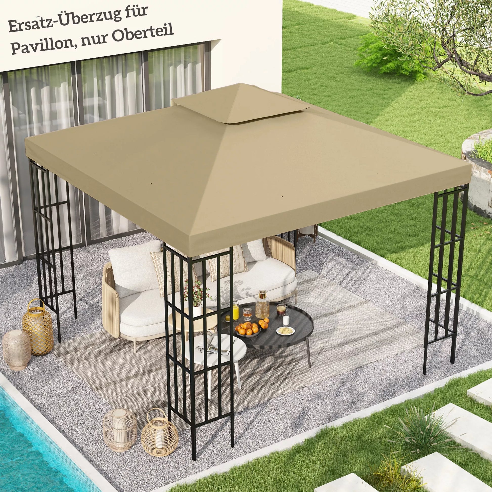 Pavilion 3 x 3 m atsarginis stogas, vandeniui atsparus paviljono stogas su dvigubu stogu, nuotekų angomis, smėlio spalvos