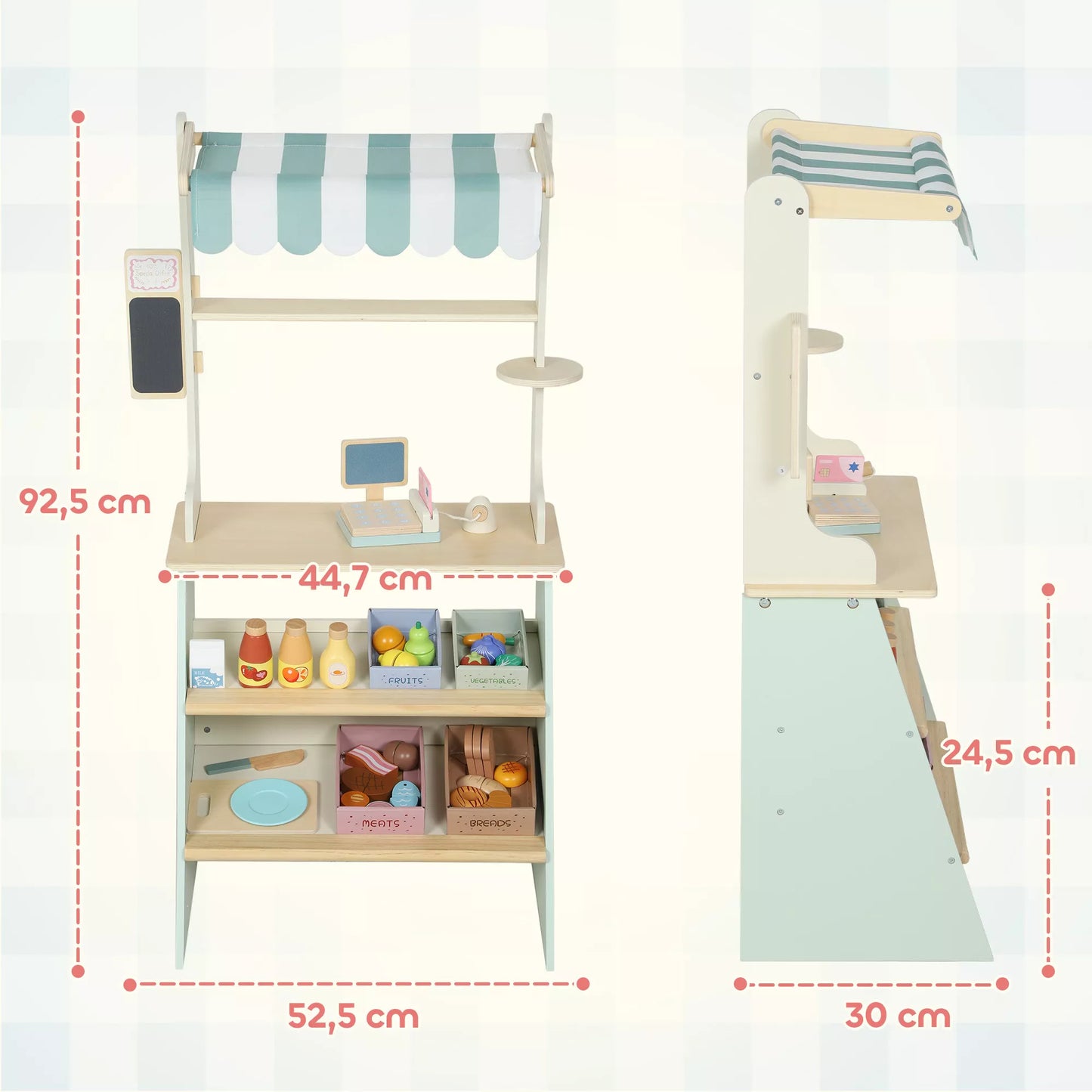 Vaikų parduotuvė Supermarket su kasos aparatu, skaitytuvu, lentele ir 34 priedais žalios spalvos