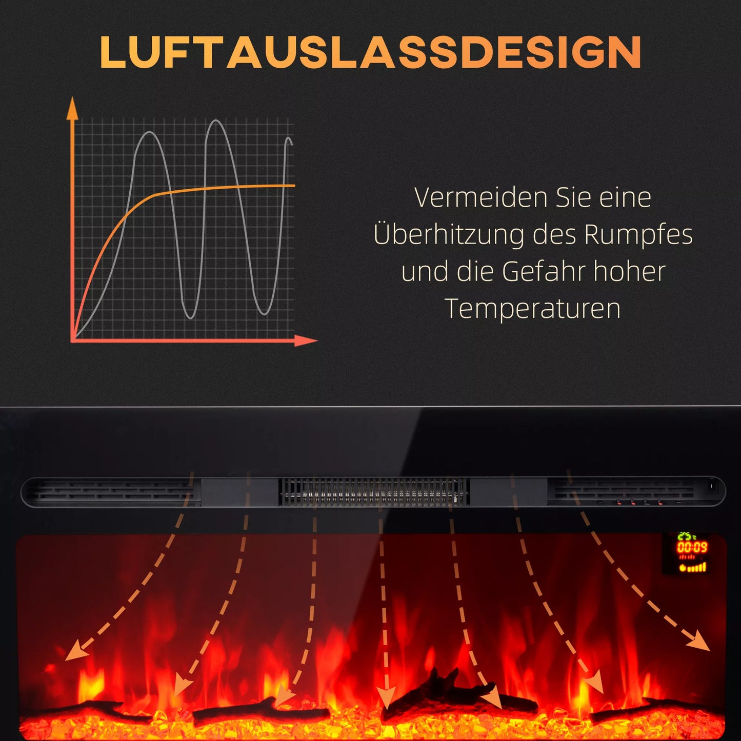 Elektrinis židinys su sieniniu laikikliu ir nuotolinio valdymo pulteliu, dirbtinės malkos ir kristalai, 1800W galia, juodos spalvos.