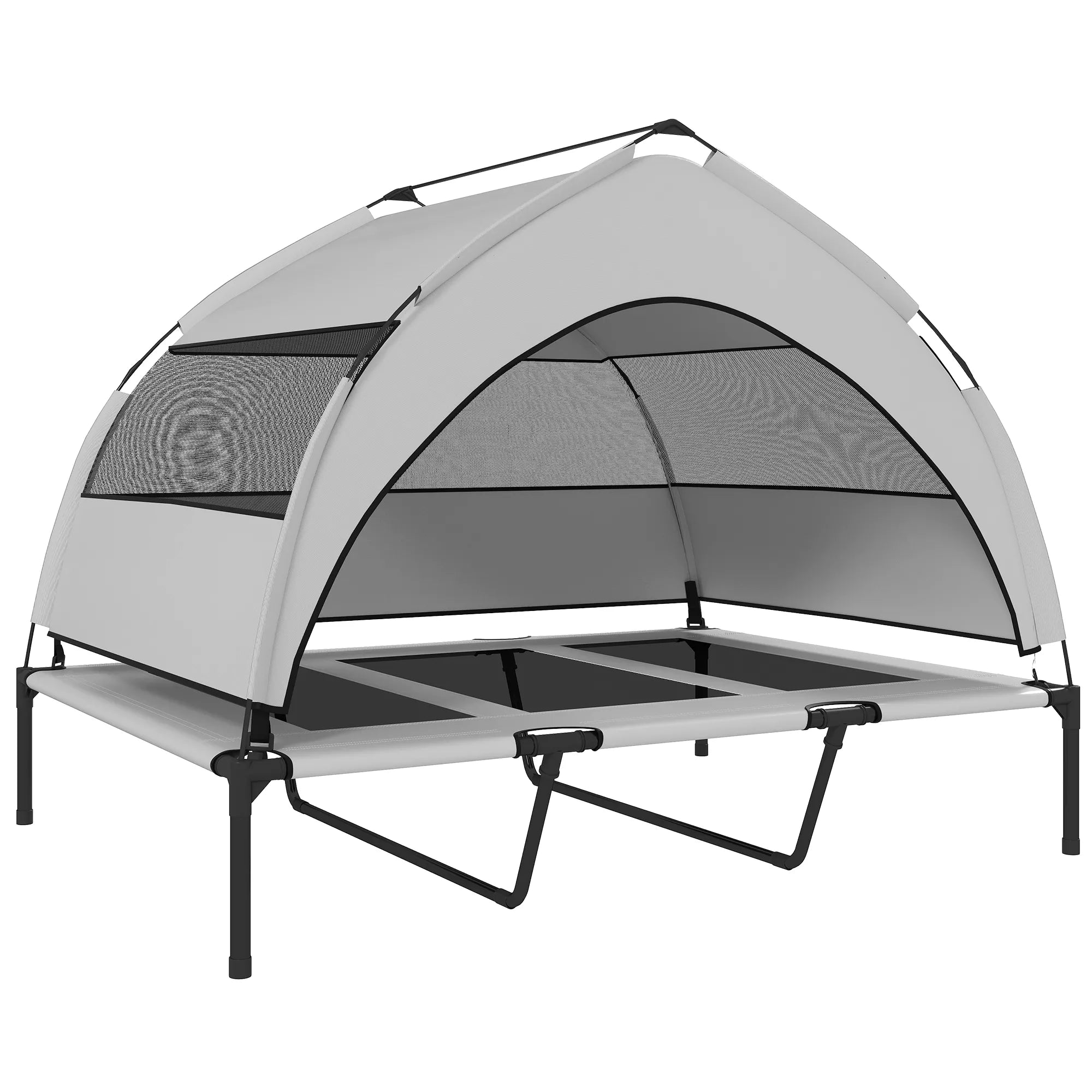 Šunų gultas lauke su stogu, pakeltas šunų gultas ypač dideliems šunims, su plieniniu rėmu, 122x92x94 cm, šviesiai pilkos spalvos