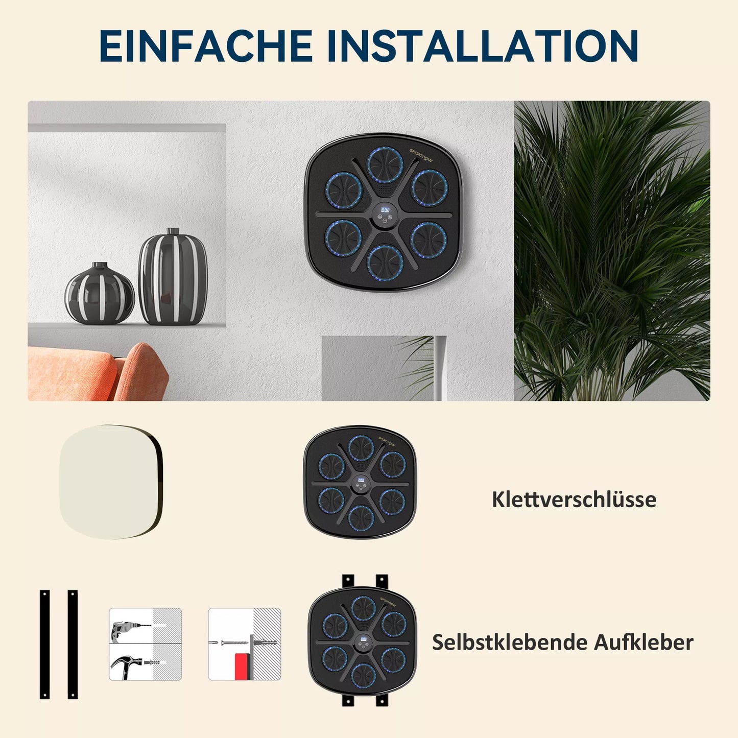 Muzikinė bokso mašina, Ritminis bokso prietaisas, 9 režimai, Bluetooth, LED šviesos, su bokso pirštinėmis, Juoda