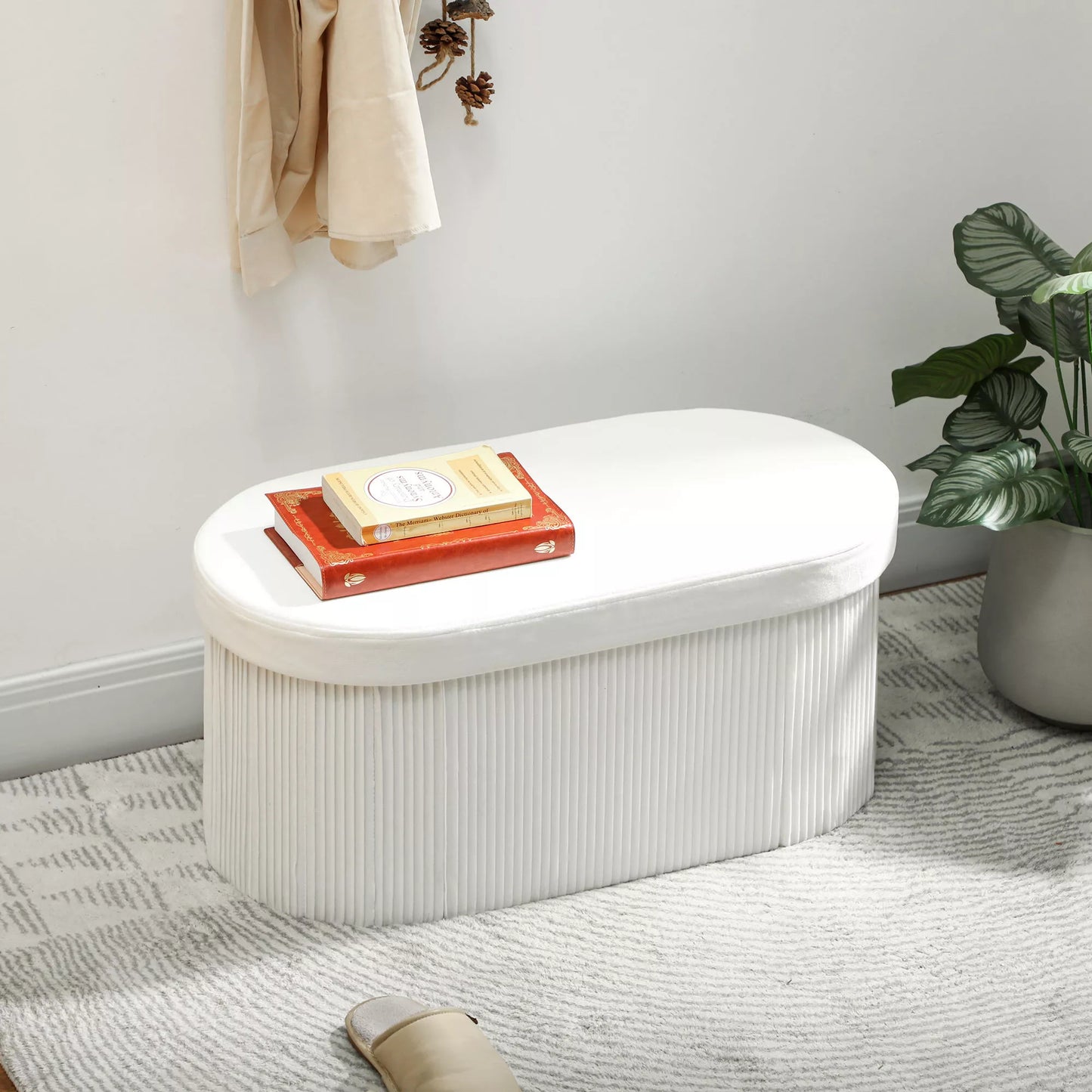 Minkštasuolis su dėže daiktams, kreminės spalvos, aksomas MDF, 76x38x35 cm