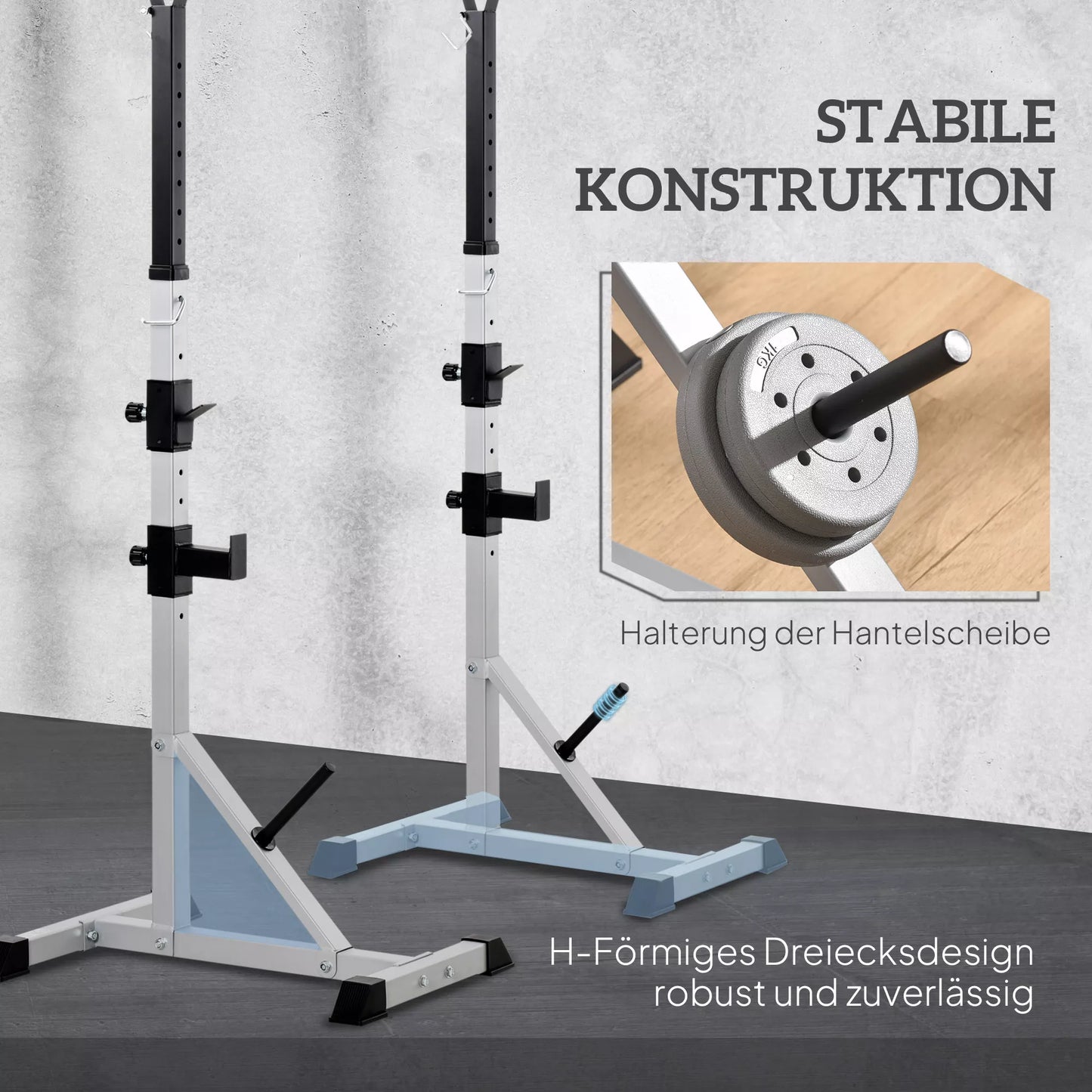 2 vnt. svarmenų stovas, 3 lygmenų, reguliuojamas aukštis, plieninė svarmenų lentyna, atlaiko iki 200 kg, sidabrinė+juoda