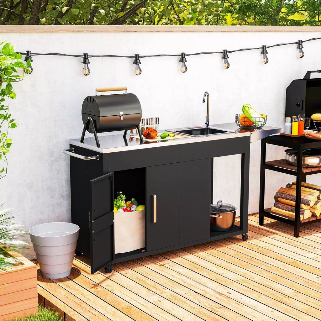Grillwagen Servierwagen su darbo paviršiumi Šoninė lentelė Spintelė Kriauklė Ratai, nerūdijantis plienas 162,5x47x87cm Juoda