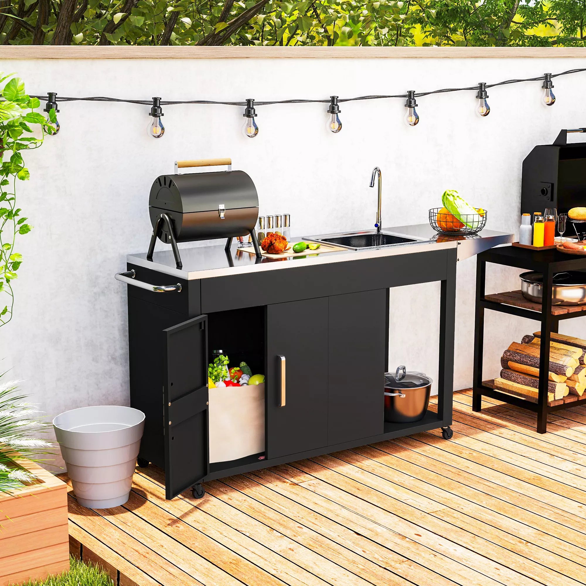 Grillwagen Servierwagen su darbo paviršiumi Šoninė lentelė Spintelė Kriauklė Ratai, nerūdijantis plienas 162,5x47x87cm Juoda