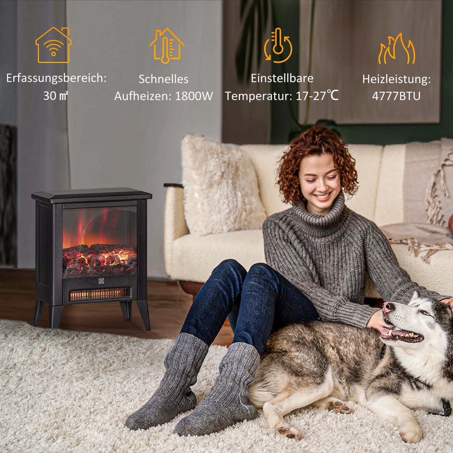 Elektrinis židinys su realistišku ugnies efektu, apsauga nuo perkaitimo ir žemu triukšmo lygiu, 1800W, Juodas