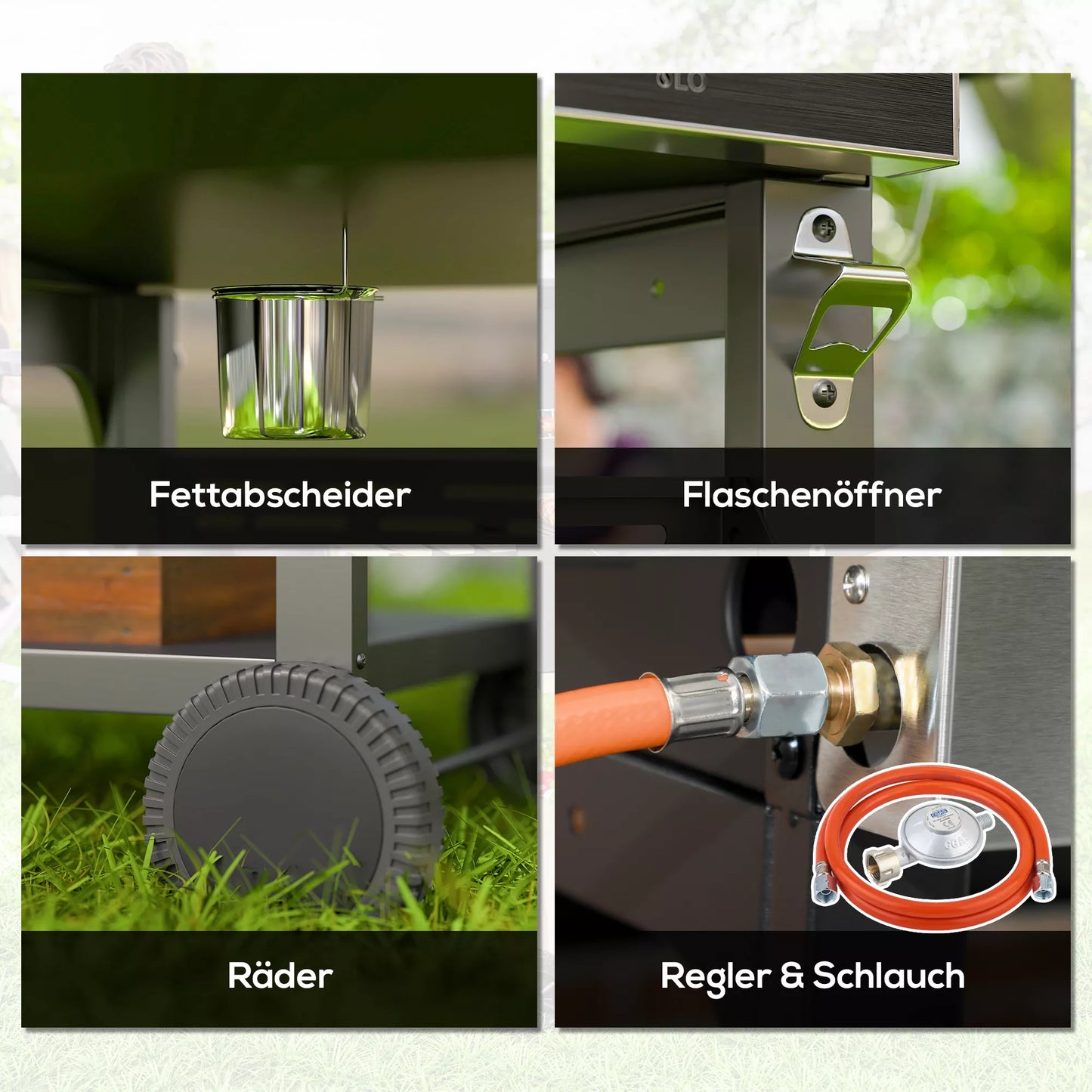 Dujinė kepsninė, BBQ kepsninė, 4 pagrindiniai degikliai, 1 šoninis degiklis, 1 pašildymo plokštelė; 135 x 55 x 103 cm, Juoda