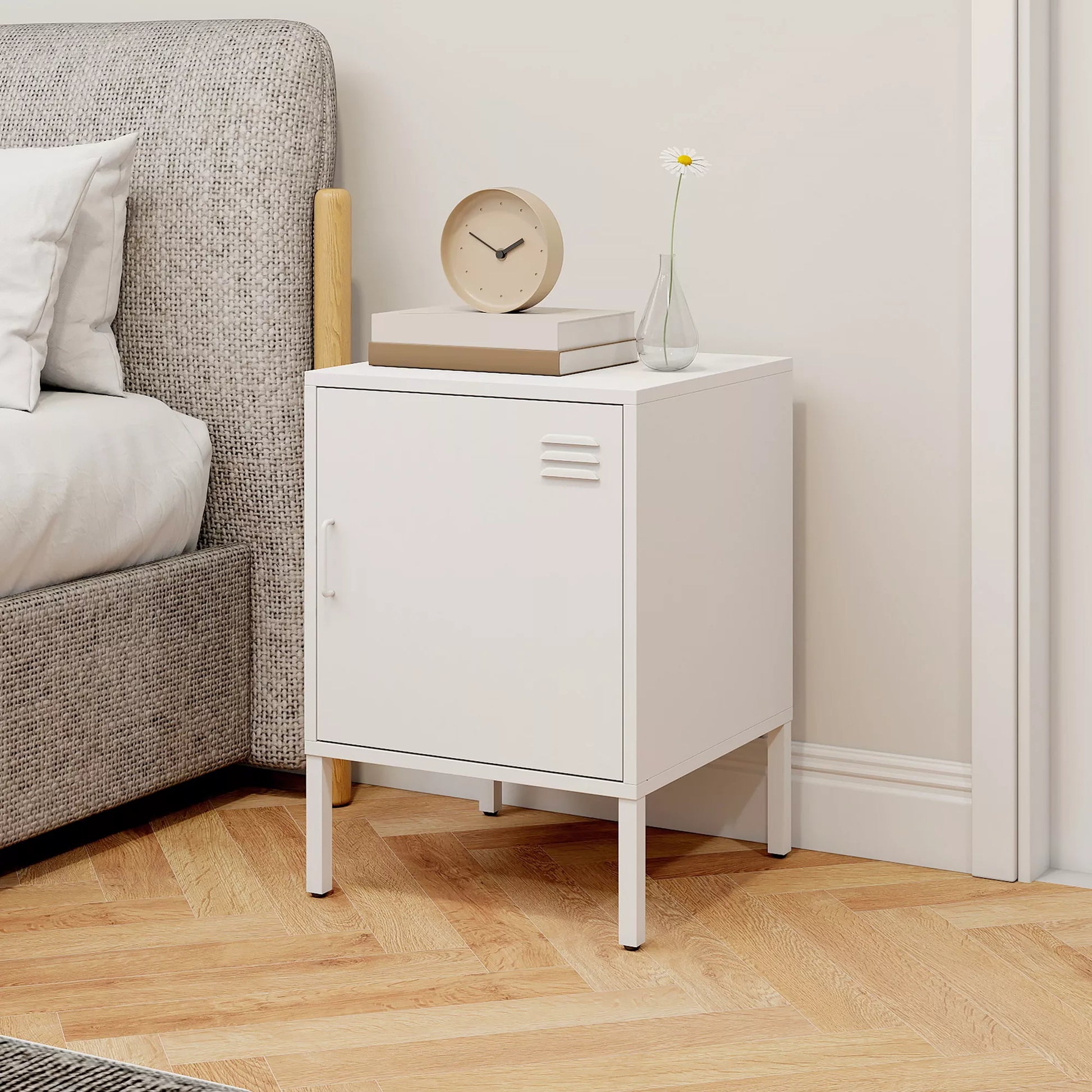 Plieninis naktinis staliukas, pagalbinis staliukas įvairiems tikslams, reguliuojama lentyna, miegamajam, svetainei, baltas