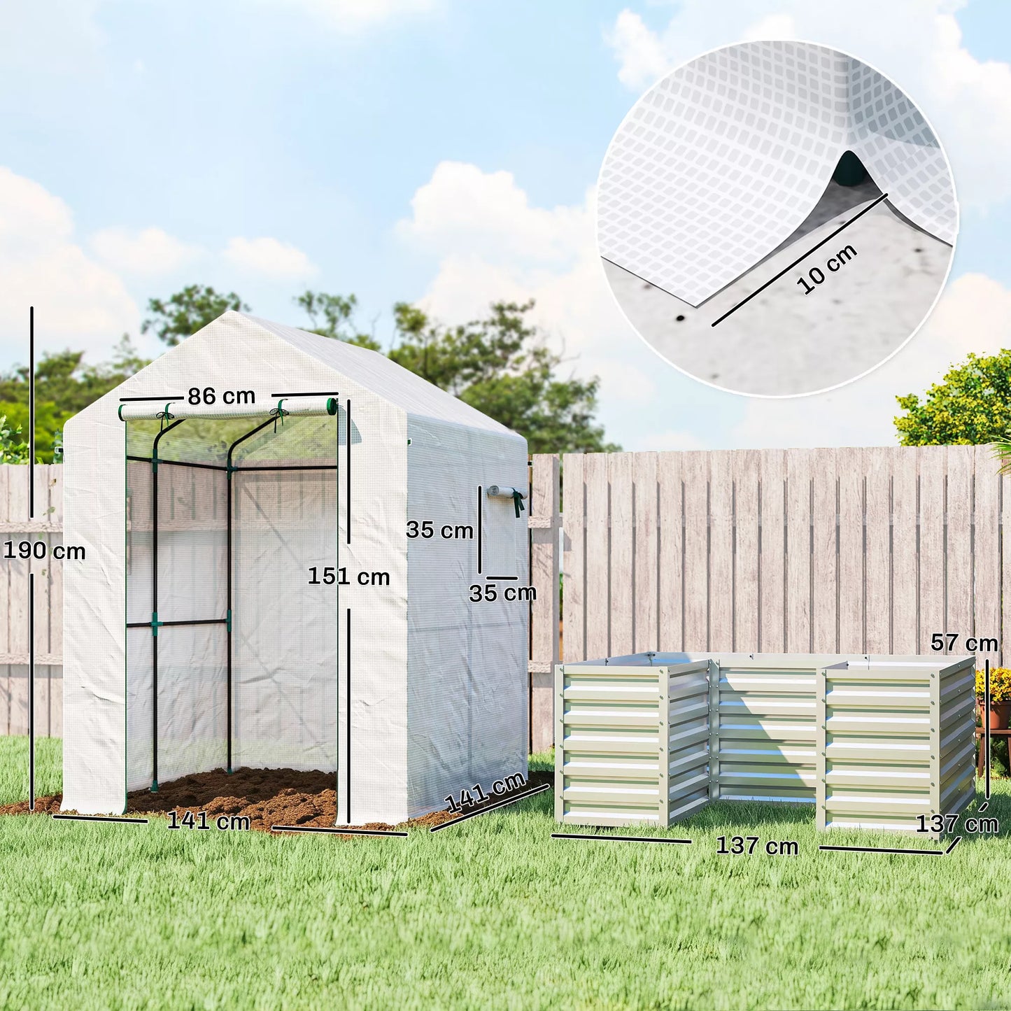 Pomidorų šiltnamis Plėvelinis šiltnamis su aukštu lysve Ritininiu vartu Langu Pasviru stogu 141 x 141 x 190 cm Balta